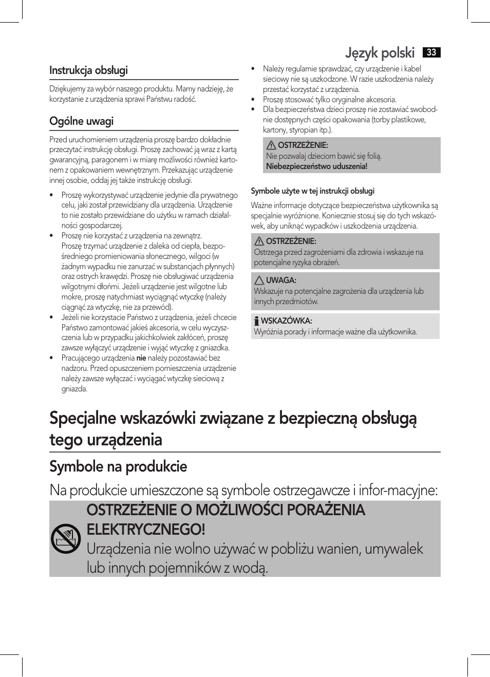 Język polski, Instrukcja obsługi, Ogólne uwagi | AEG HC 5585 User Manual | Page 33 / 50