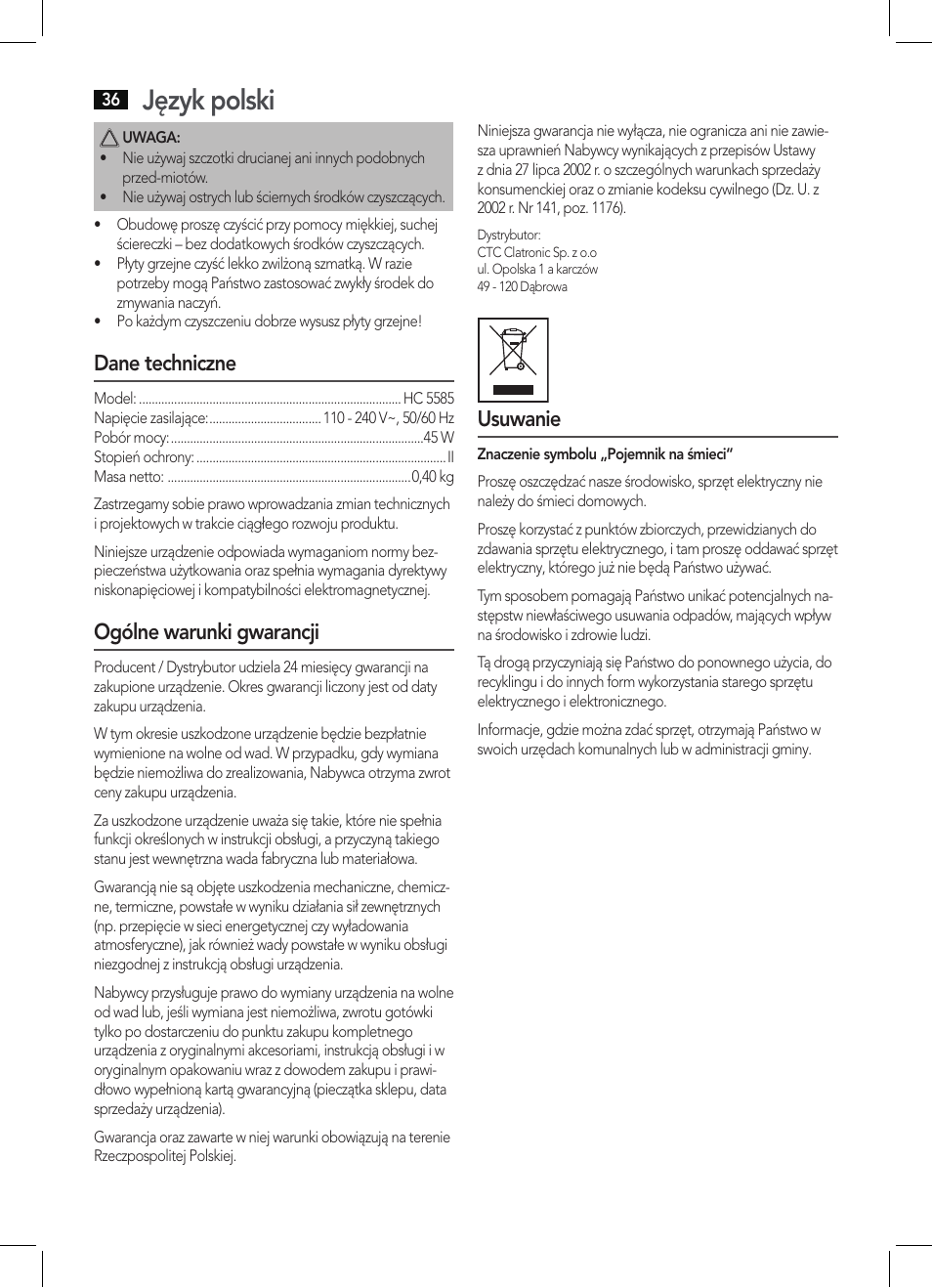 Język polski, Dane techniczne, Ogólne warunki gwarancji | Usuwanie | AEG HC 5585 User Manual | Page 36 / 50