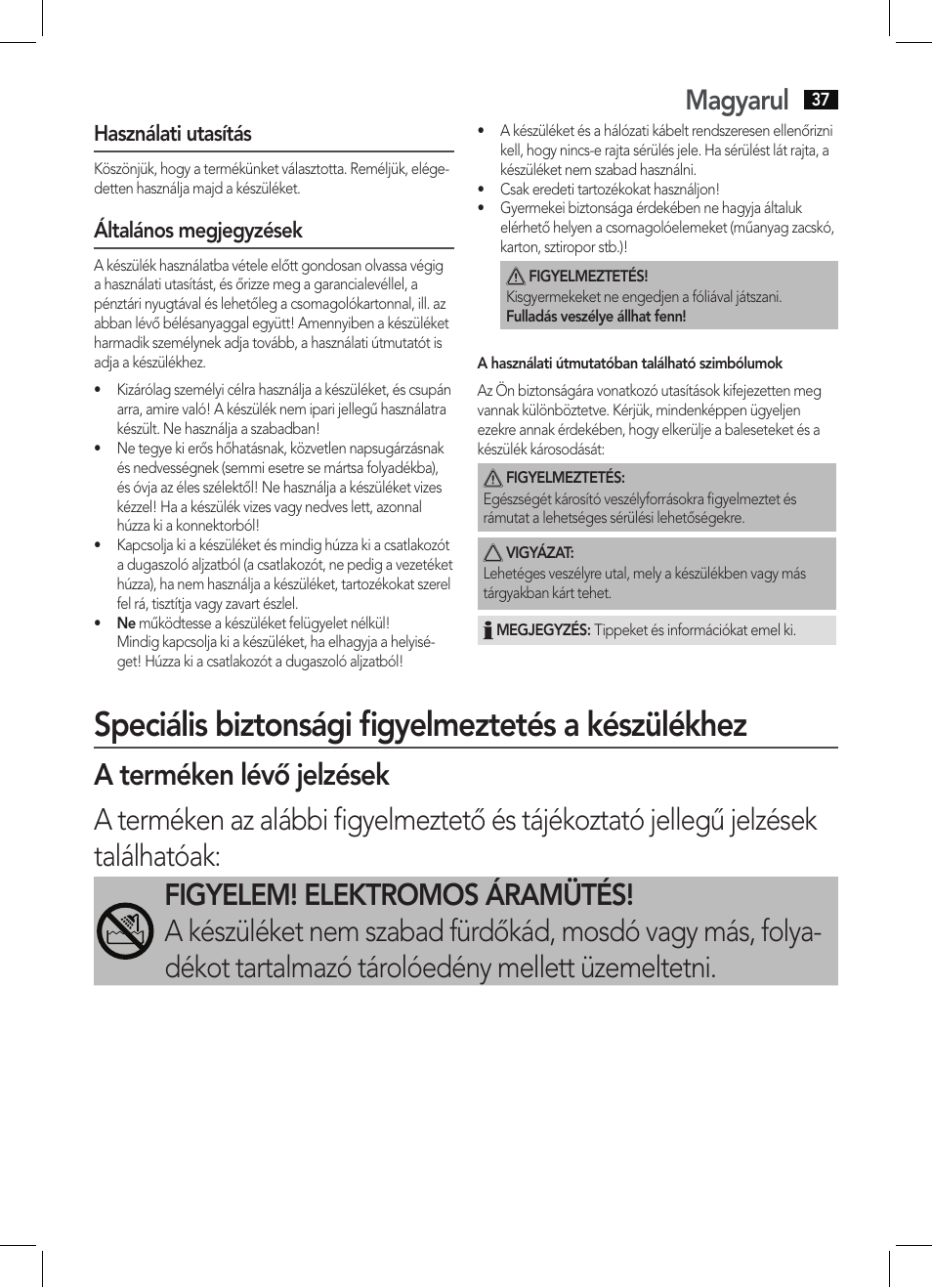 Speciális biztonsági figyelmeztetés a készülékhez, Magyarul | AEG HC 5585 User Manual | Page 37 / 50