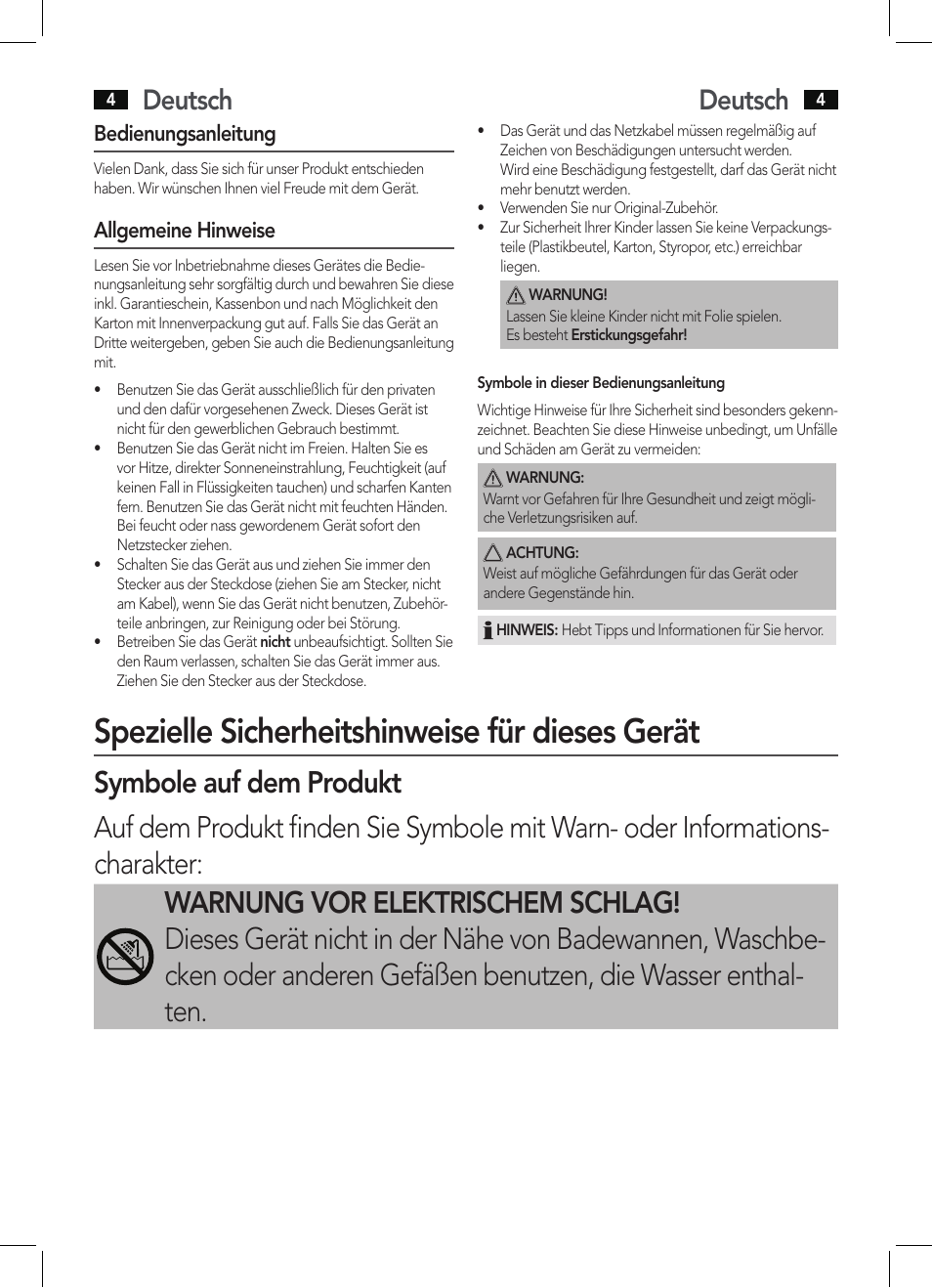 Spezielle sicherheitshinweise für dieses gerät, Deutsch | AEG HC 5585 User Manual | Page 4 / 50