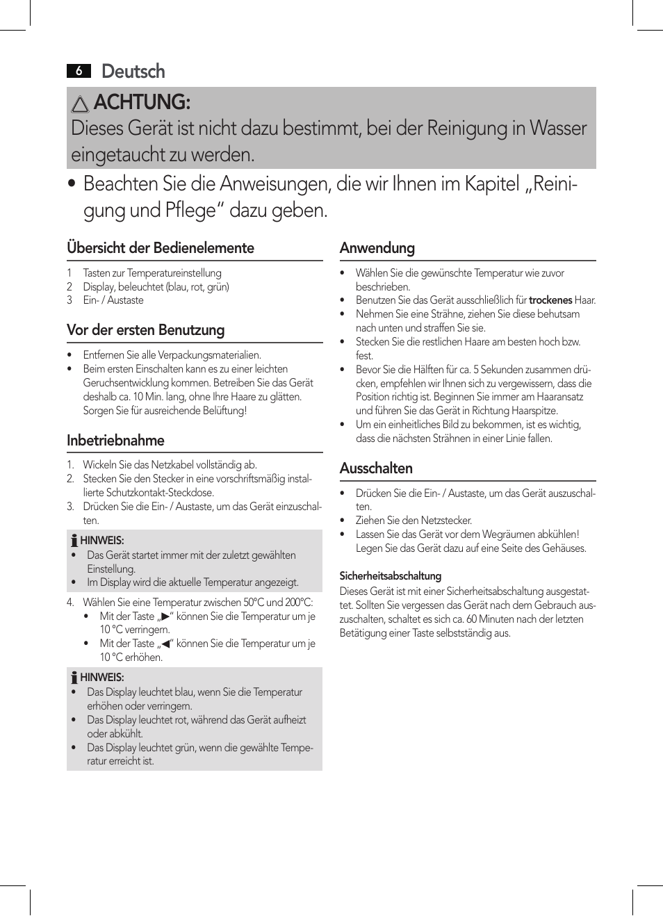 Deutsch, Übersicht der bedienelemente, Vor der ersten benutzung | Inbetriebnahme, Anwendung, Ausschalten | AEG HC 5585 User Manual | Page 6 / 50