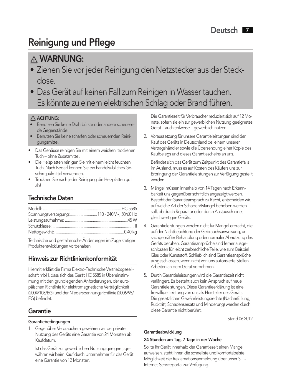 Reinigung und pflege, Deutsch | AEG HC 5585 User Manual | Page 7 / 50