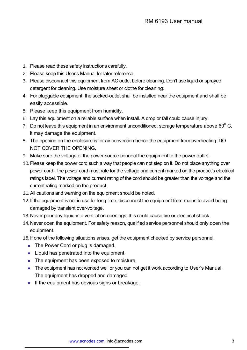 Safety instructions, Rm 6193 user manual | Acnodes RM 6193 User Manual | Page 3 / 15