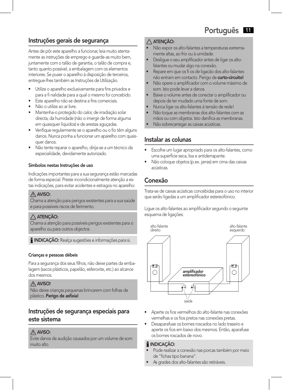 Português, Instruções gerais de segurança, Instalar as colunas | Conexão | AEG LB 4711 User Manual | Page 11 / 28