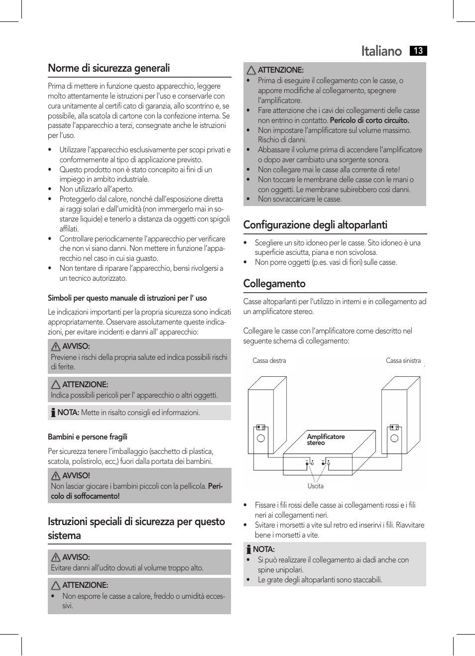 Italiano, Norme di sicurezza generali, Conﬁgurazione degli altoparlanti | Collegamento | AEG LB 4711 User Manual | Page 13 / 28