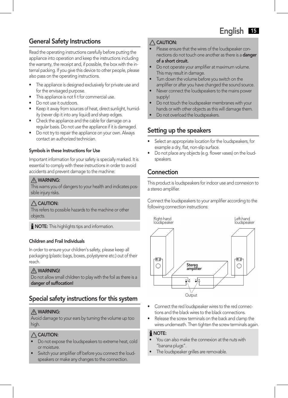 English, General safety instructions, Special safety instructions for this system | Setting up the speakers, Connection | AEG LB 4711 User Manual | Page 15 / 28