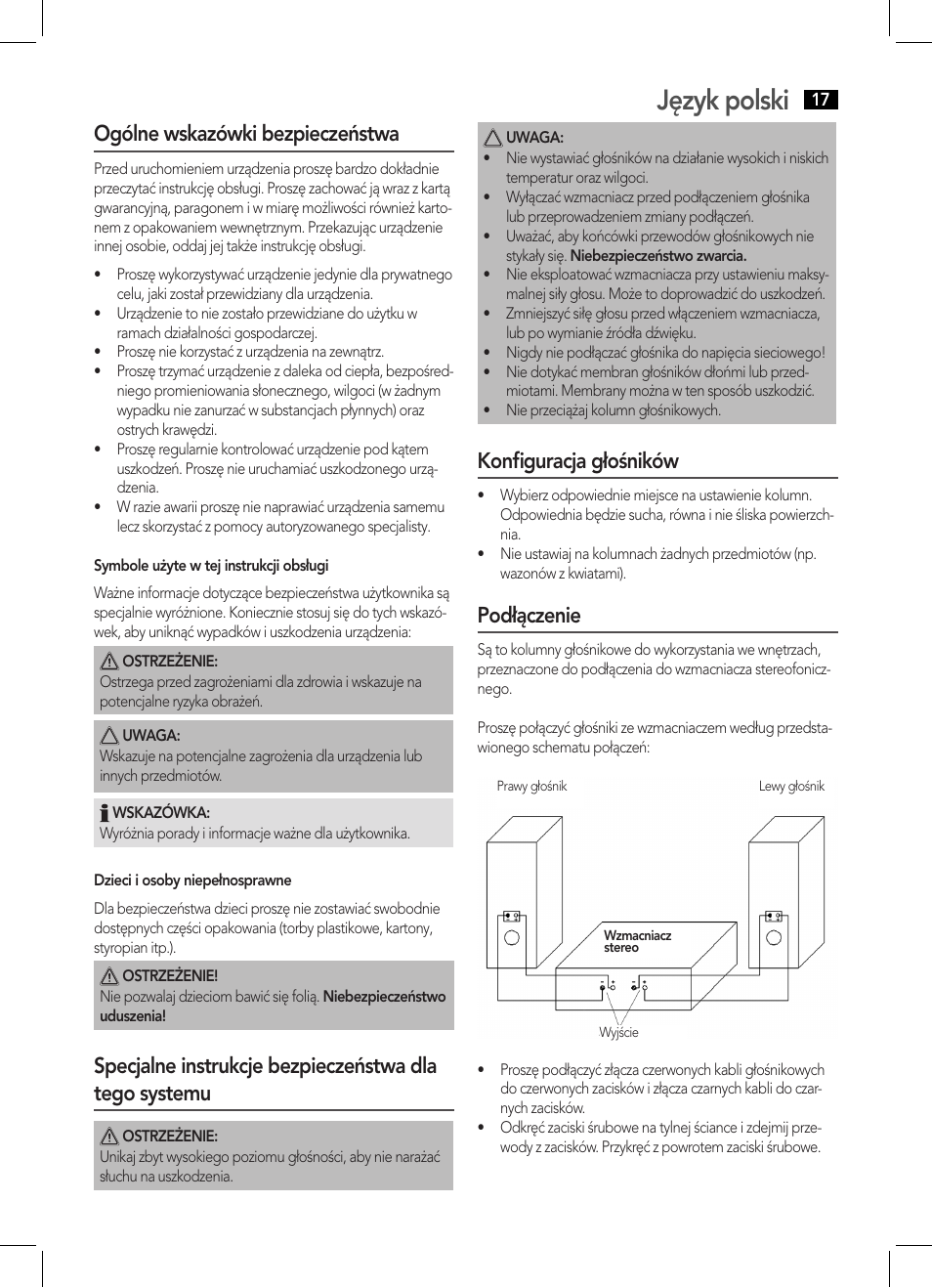 Język polski, Ogólne wskazówki bezpieczeństwa, Konﬁguracja głośników | Podłączenie | AEG LB 4711 User Manual | Page 17 / 28