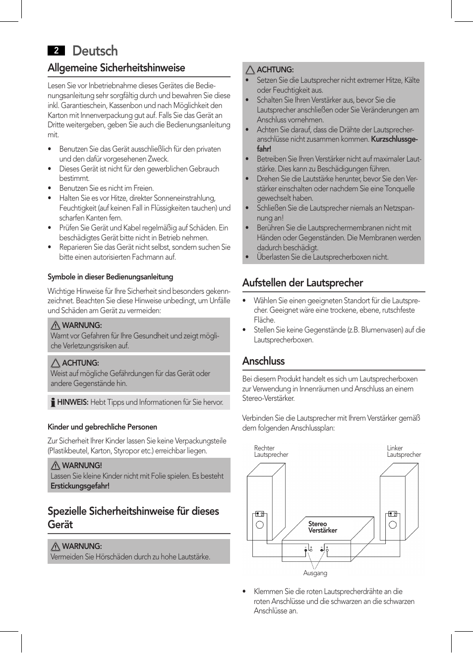 Deutsch, Allgemeine sicherheitshinweise, Spezielle sicherheitshinweise für dieses gerät | Aufstellen der lautsprecher, Anschluss | AEG LB 4711 User Manual | Page 2 / 28