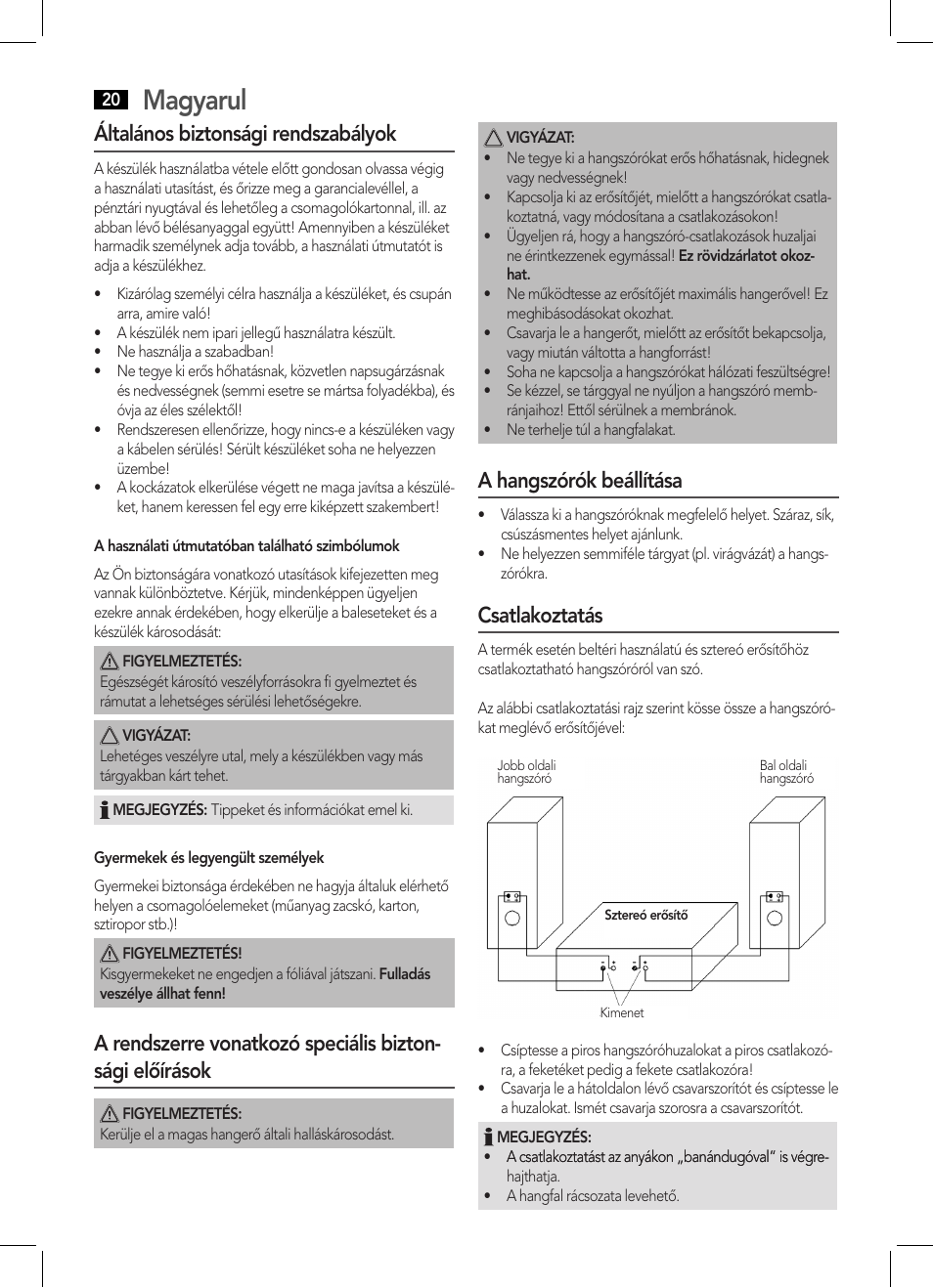 Magyarul, Általános biztonsági rendszabályok, A hangszórók beállítása | Csatlakoztatás | AEG LB 4711 User Manual | Page 20 / 28