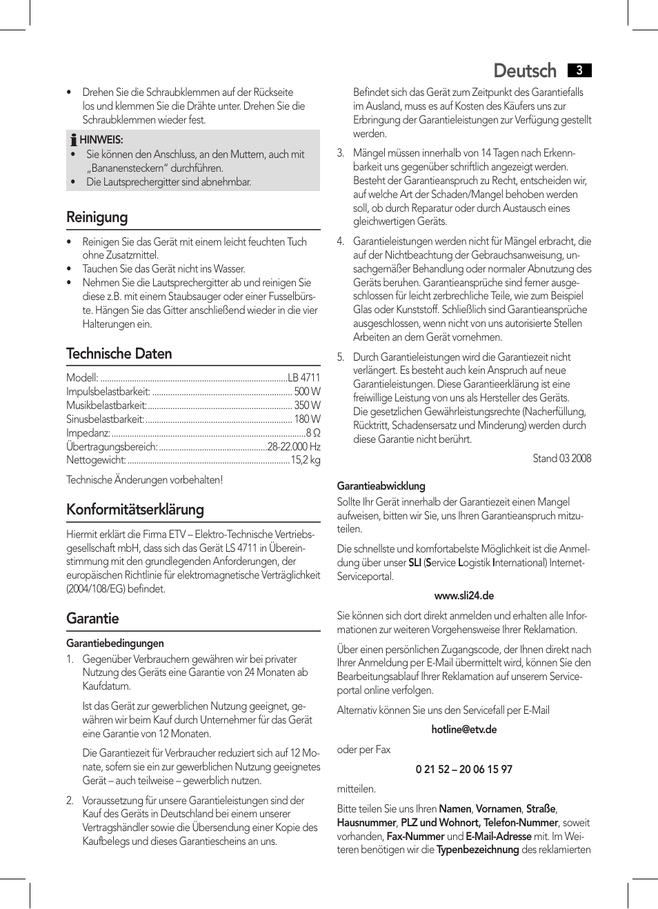 Deutsch, Reinigung, Technische daten | Konformitätserklärung, Garantie | AEG LB 4711 User Manual | Page 3 / 28