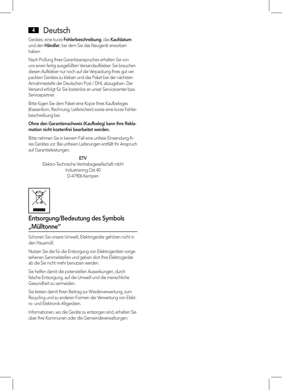 Deutsch, Entsorgung/bedeutung des symbols „mülltonne | AEG LB 4711 User Manual | Page 4 / 28