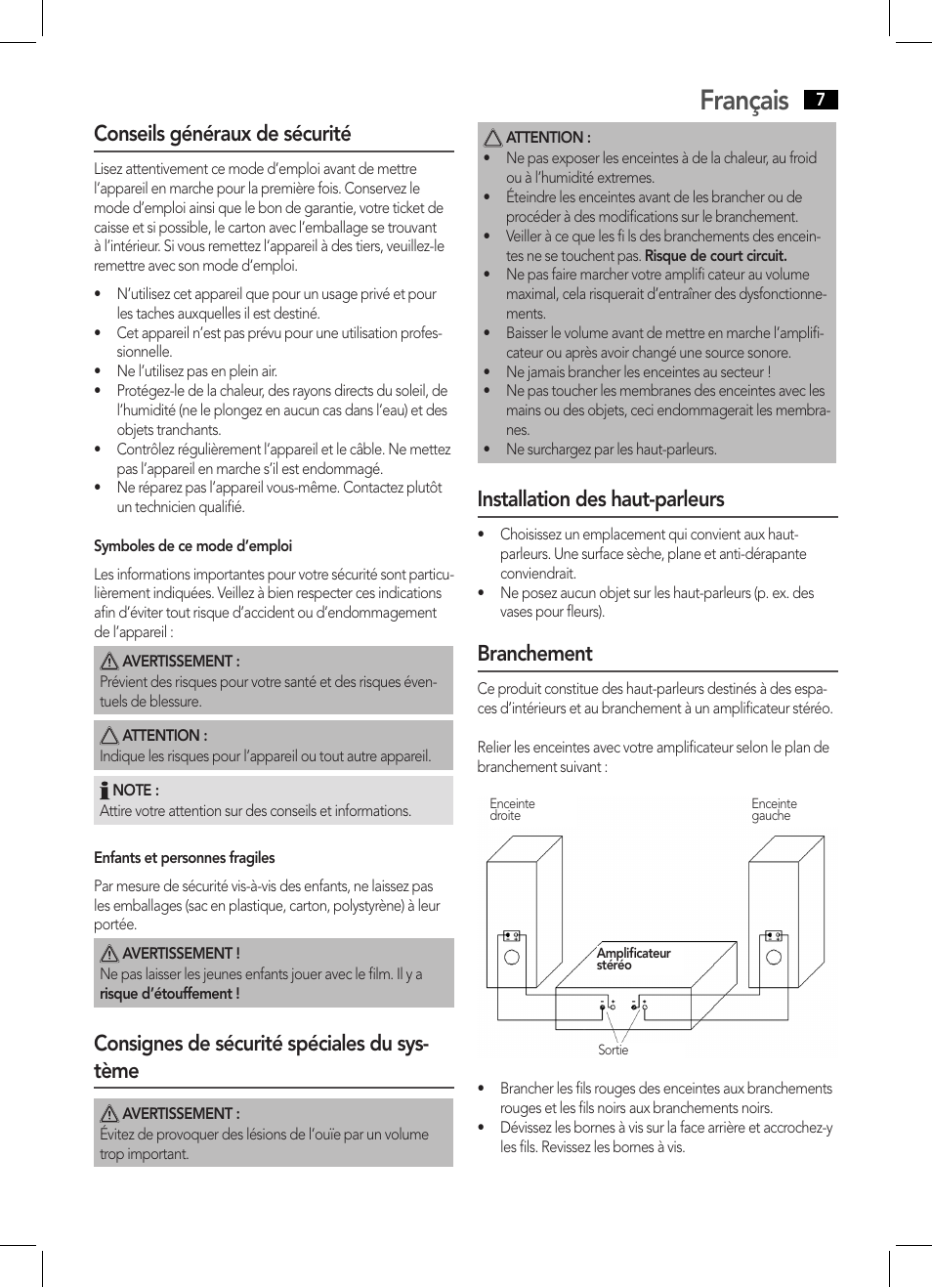 Français, Conseils généraux de sécurité, Consignes de sécurité spéciales du sys- tème | Installation des haut-parleurs, Branchement | AEG LB 4711 User Manual | Page 7 / 28