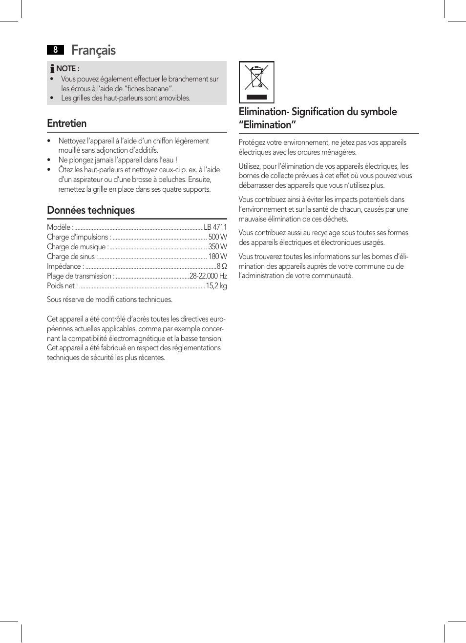 Français, Entretien, Données techniques | Elimination- signiﬁcation du symbole “elimination | AEG LB 4711 User Manual | Page 8 / 28