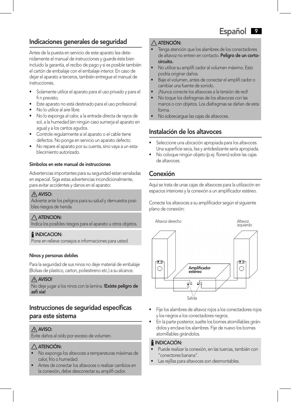Español, Indicaciones generales de seguridad, Instalación de los altavoces | Conexión | AEG LB 4711 User Manual | Page 9 / 28
