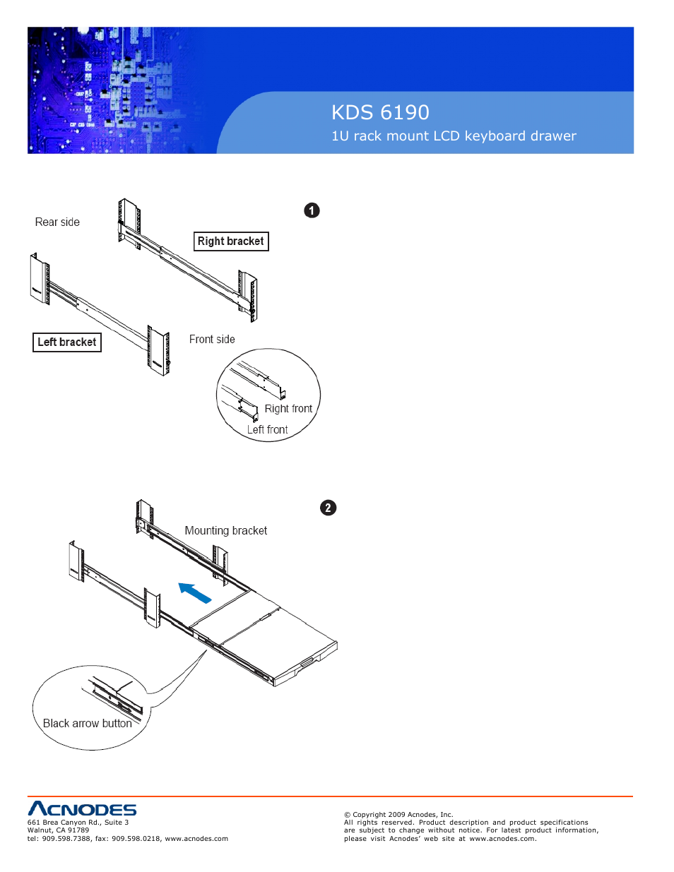 Kds 6190, 1u rack mount lcd keyboard drawer | Acnodes KDS 6190 User Manual | Page 2 / 4