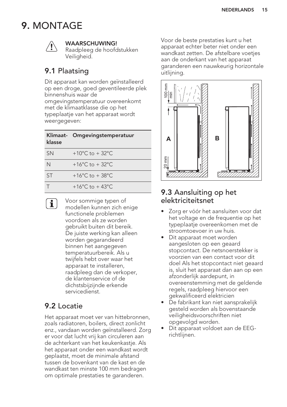 Montage, 1 plaatsing, 2 locatie | 3 aansluiting op het elektriciteitsnet | AEG S63300KDW0 User Manual | Page 15 / 72