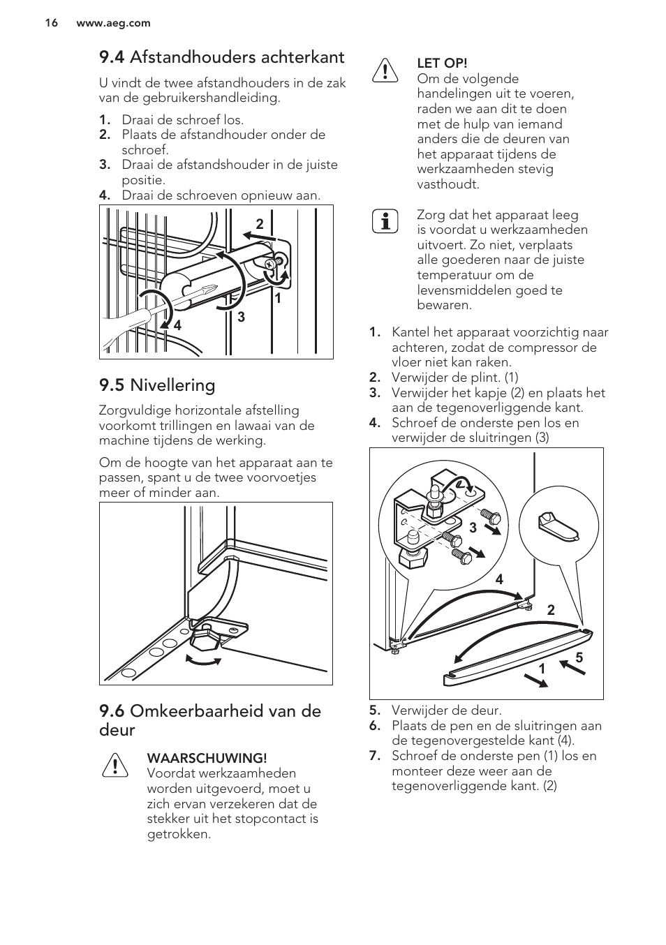 4 afstandhouders achterkant, 5 nivellering, 6 omkeerbaarheid van de deur | AEG S63300KDW0 User Manual | Page 16 / 72