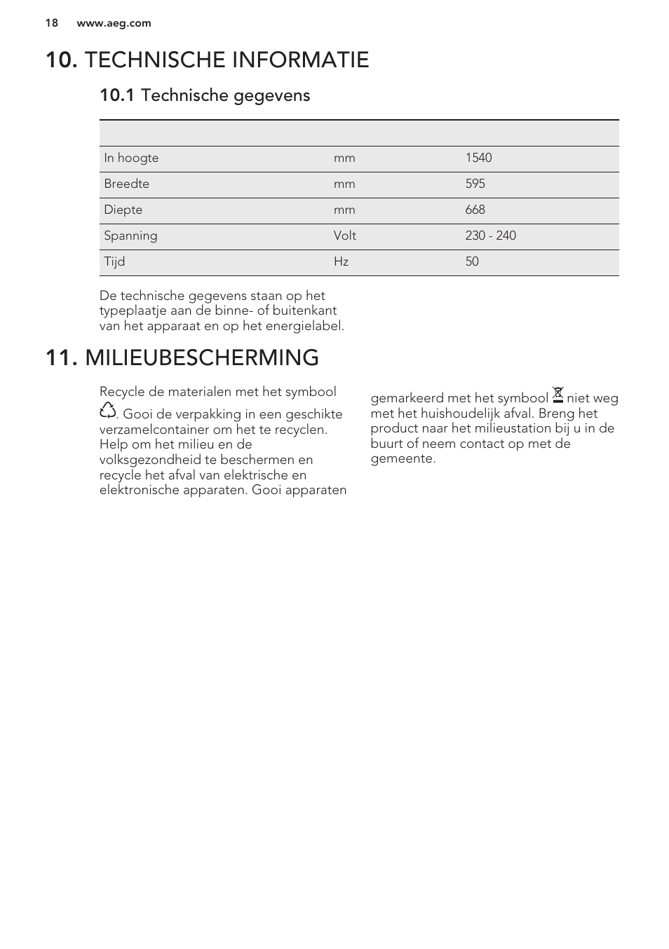 Technische informatie, 1 technische gegevens, Milieubescherming | AEG S63300KDW0 User Manual | Page 18 / 72