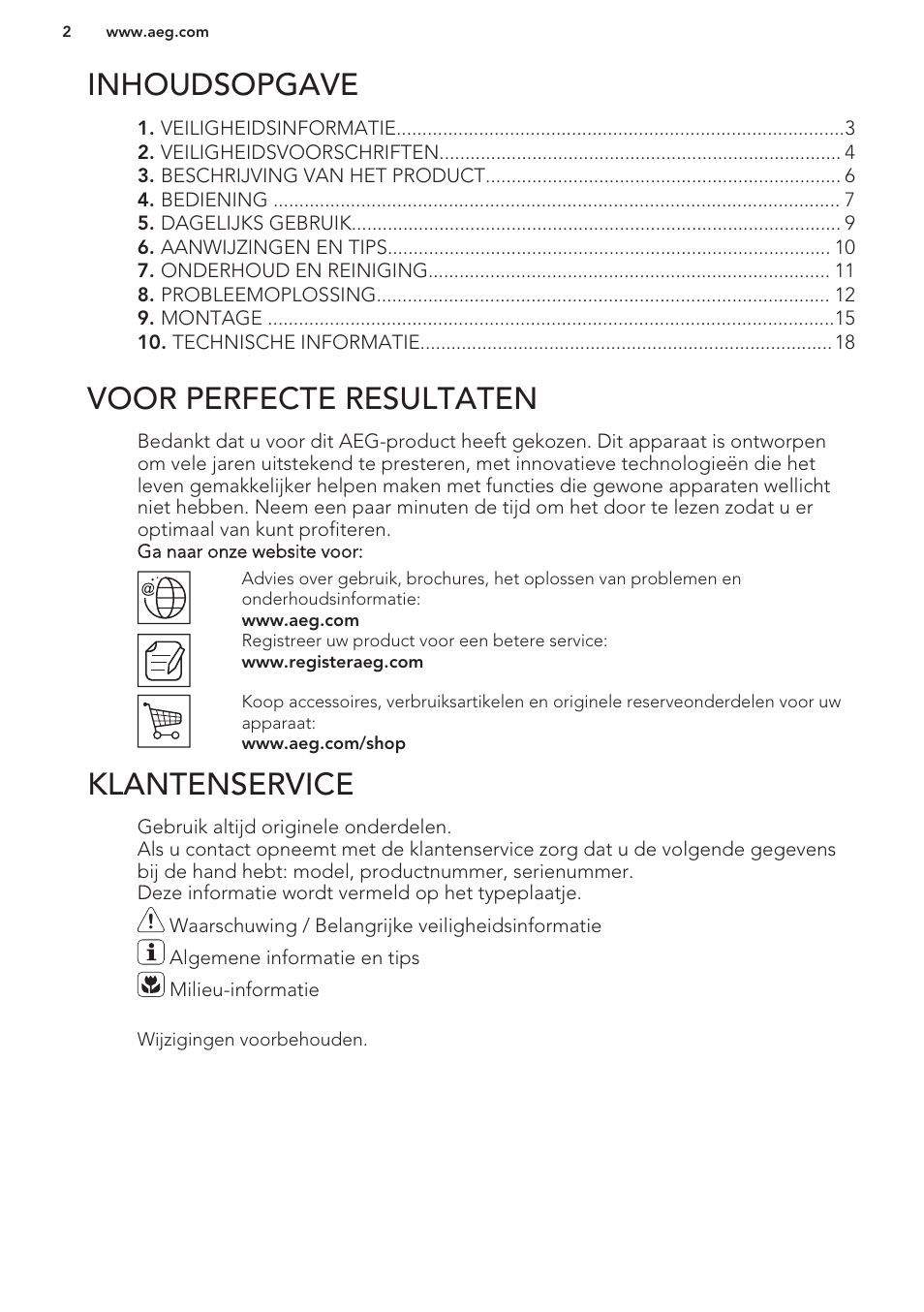 Inhoudsopgave, Gebruiksaanwijzing, Voor perfecte resultaten | Klantenservice | AEG S63300KDW0 User Manual | Page 2 / 72