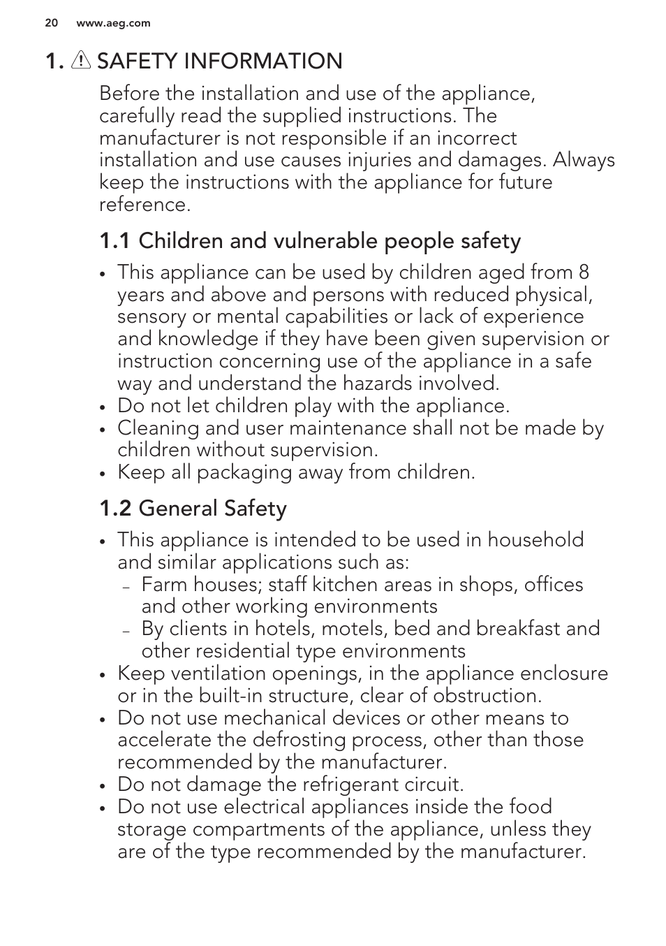 Safety information, 1 children and vulnerable people safety, 2 general safety | AEG S63300KDW0 User Manual | Page 20 / 72