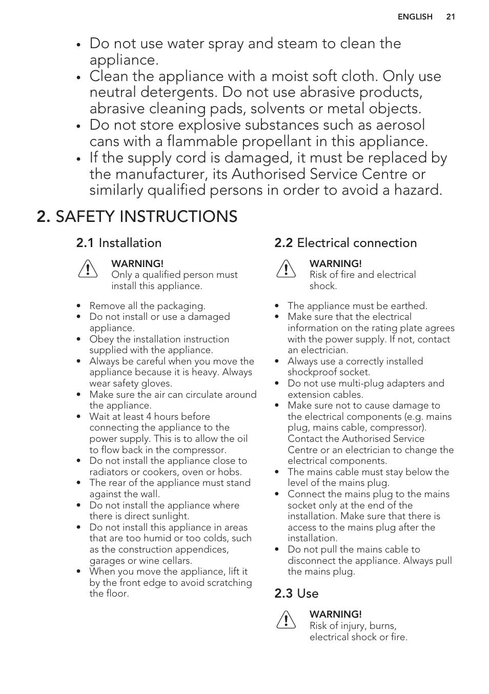 Safety instructions, 1 installation, 2 electrical connection | 3 use | AEG S63300KDW0 User Manual | Page 21 / 72