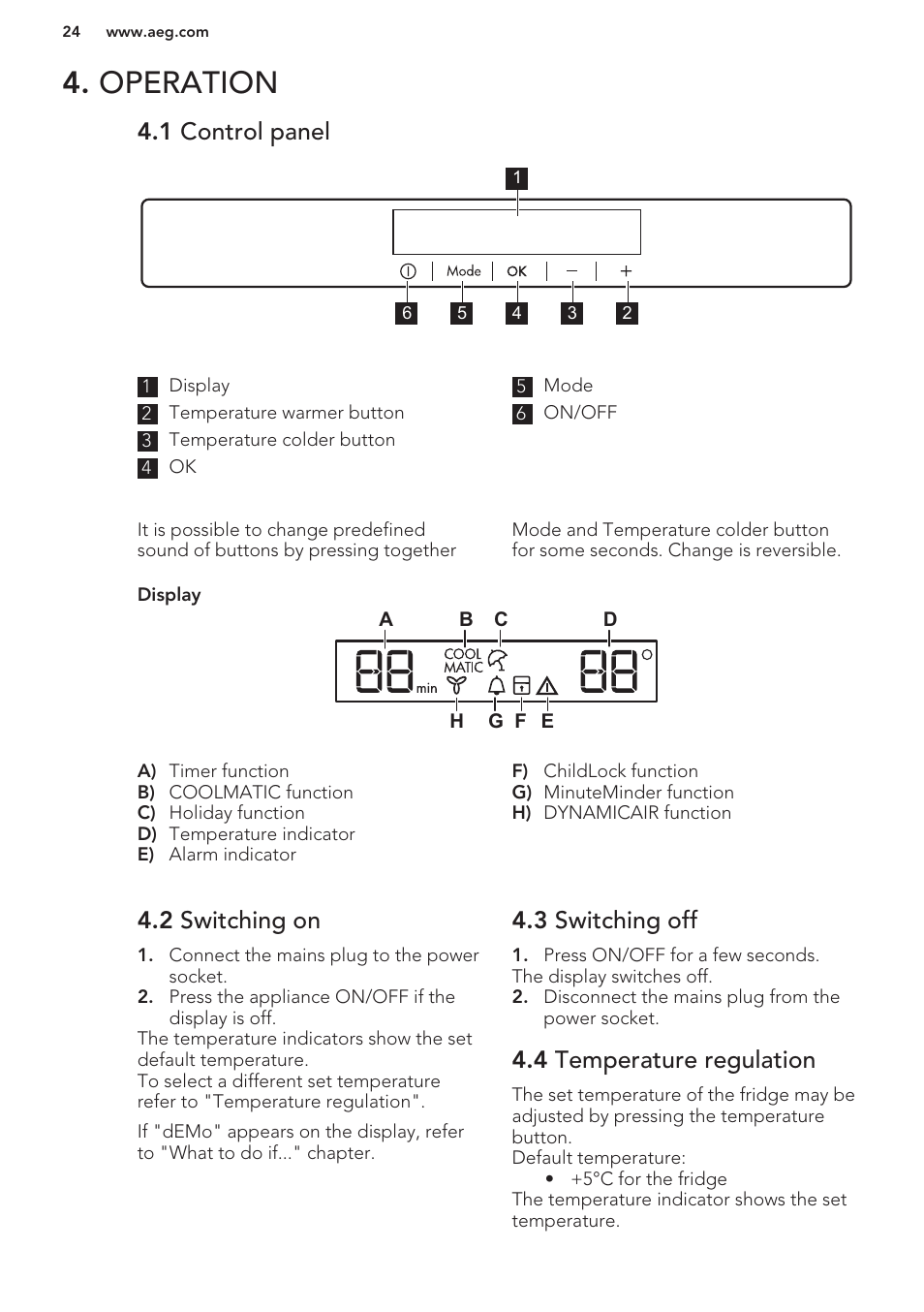 Operation, 1 control panel, 2 switching on | 3 switching off, 4 temperature regulation | AEG S63300KDW0 User Manual | Page 24 / 72