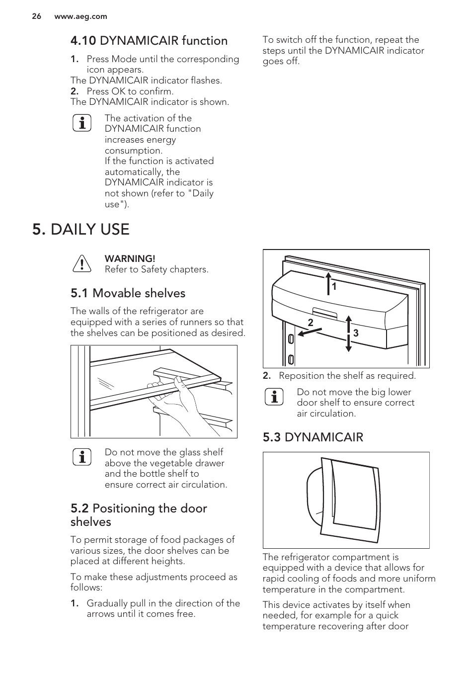 10 dynamicair function, Daily use, 1 movable shelves | 2 positioning the door shelves, 3 dynamicair | AEG S63300KDW0 User Manual | Page 26 / 72