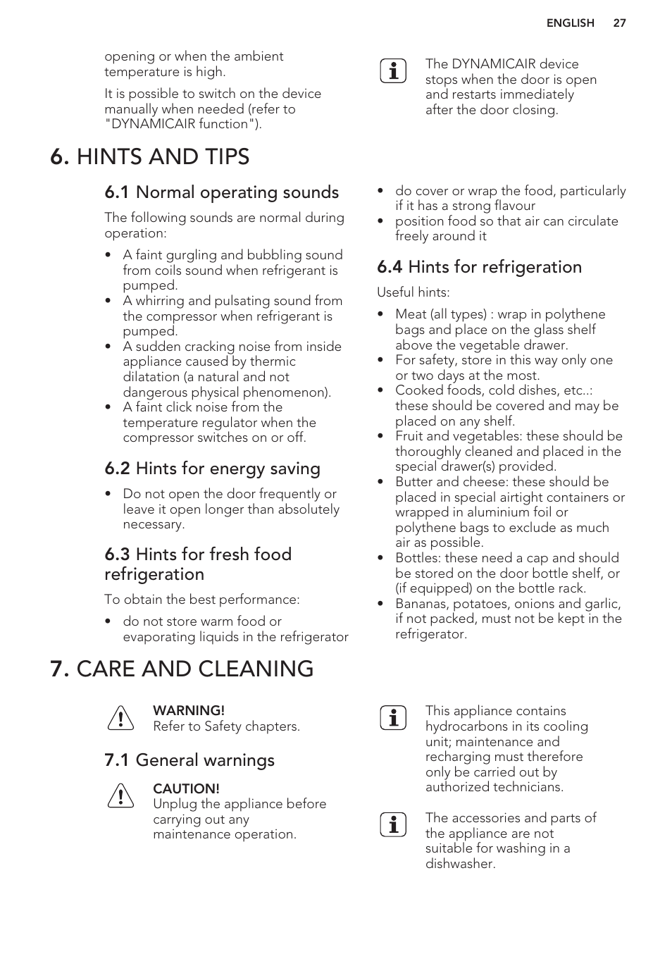 Hints and tips, 1 normal operating sounds, 2 hints for energy saving | 3 hints for fresh food refrigeration, 4 hints for refrigeration, Care and cleaning, 1 general warnings, Hints and tips 7. care and cleaning | AEG S63300KDW0 User Manual | Page 27 / 72