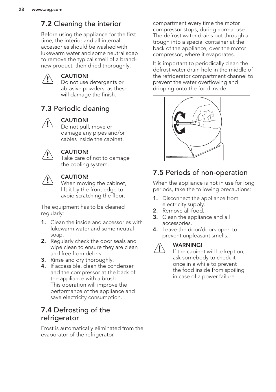 2 cleaning the interior, 3 periodic cleaning, 4 defrosting of the refrigerator | 5 periods of non-operation | AEG S63300KDW0 User Manual | Page 28 / 72