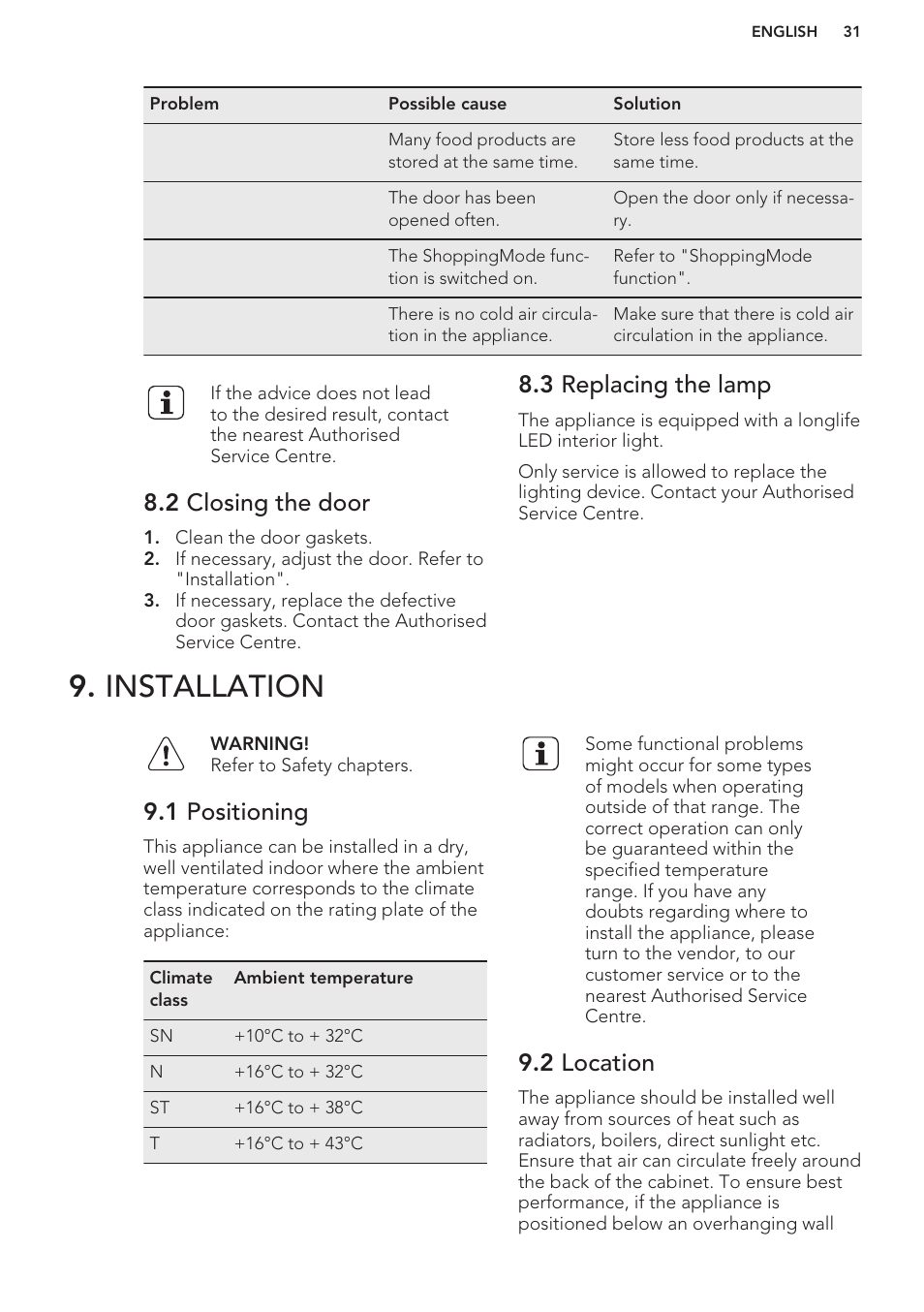 2 closing the door, 3 replacing the lamp, Installation | 1 positioning, 2 location | AEG S63300KDW0 User Manual | Page 31 / 72