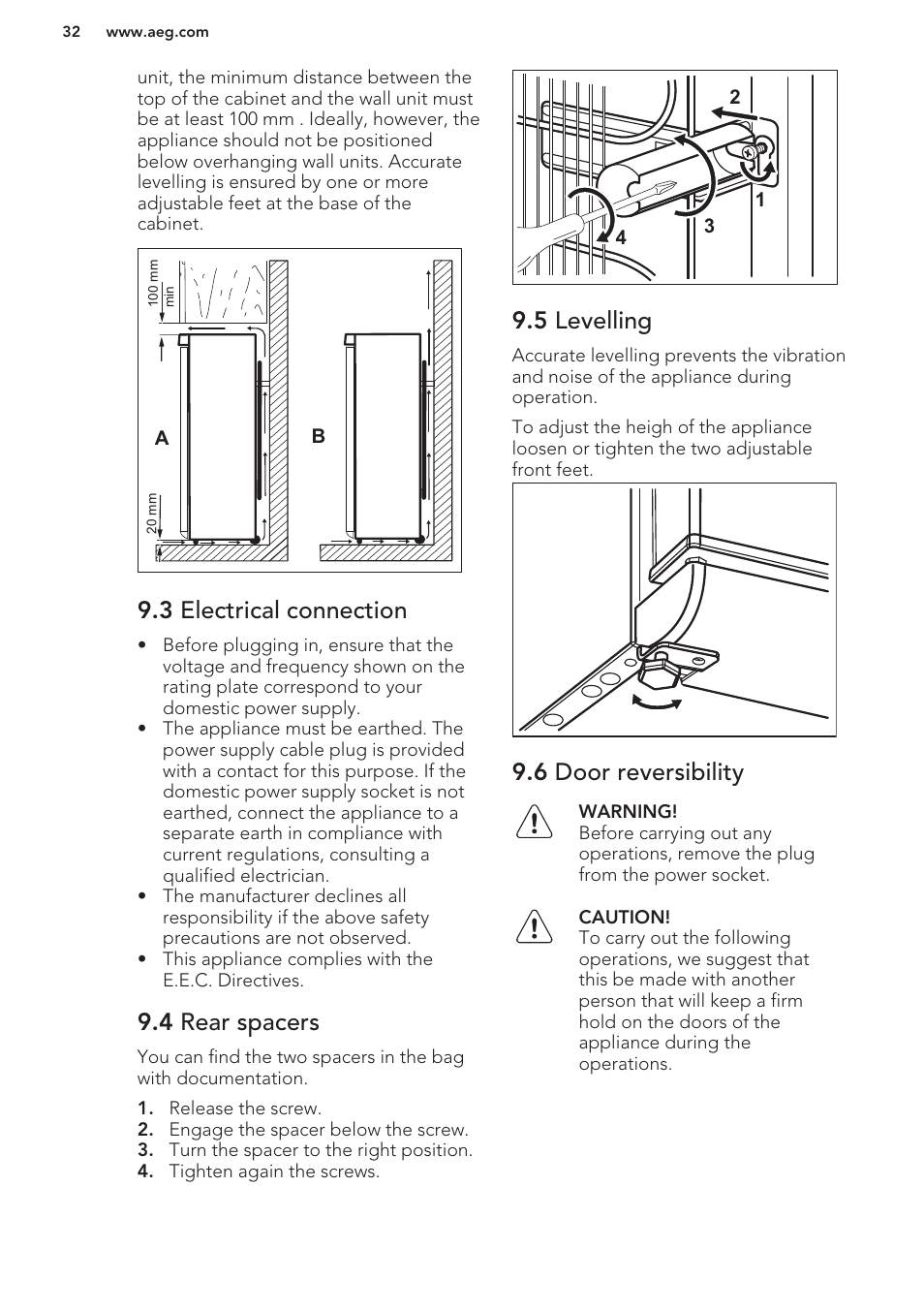 3 electrical connection, 4 rear spacers, 5 levelling | 6 door reversibility | AEG S63300KDW0 User Manual | Page 32 / 72