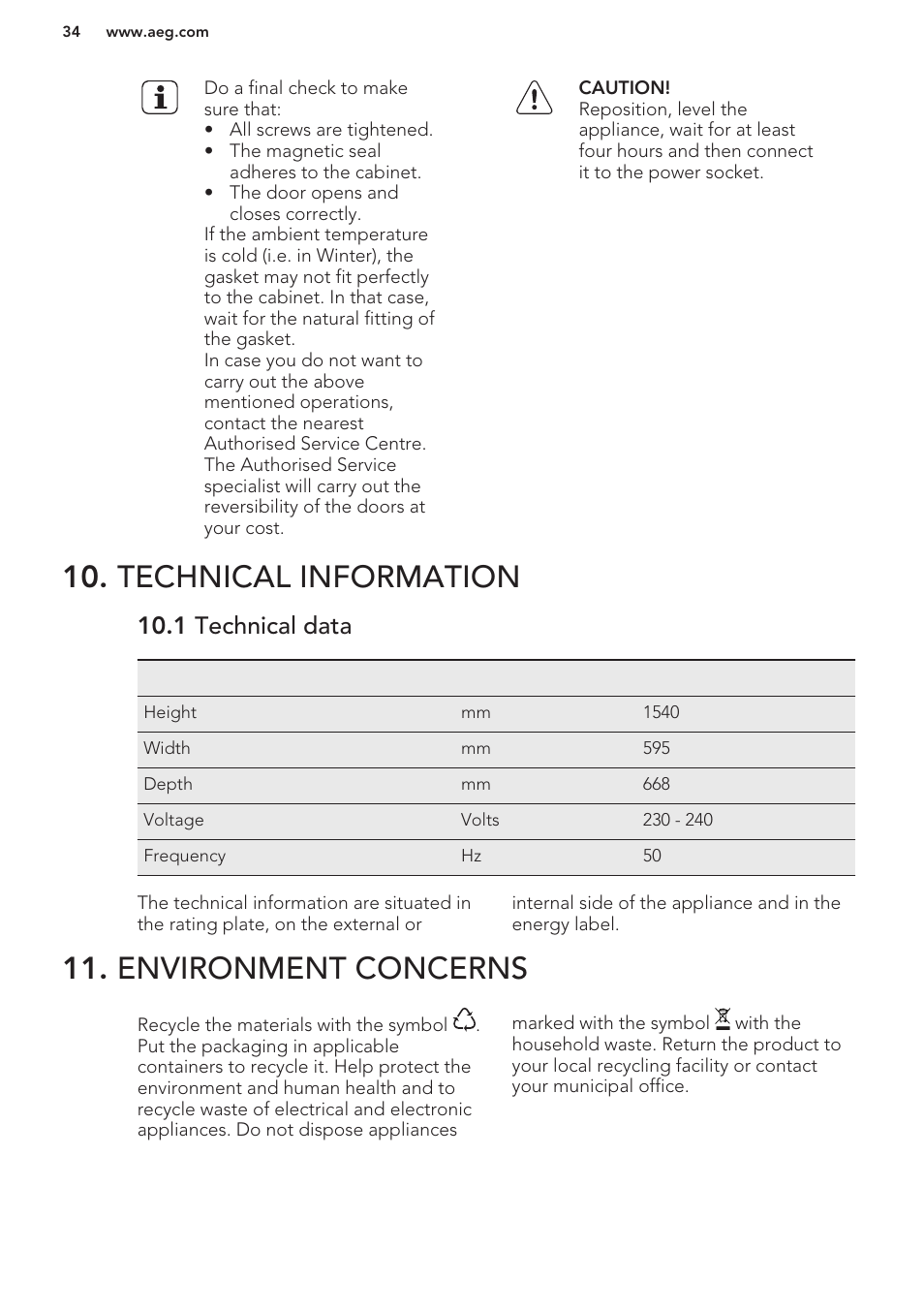 Technical information, 1 technical data, Environment concerns | AEG S63300KDW0 User Manual | Page 34 / 72