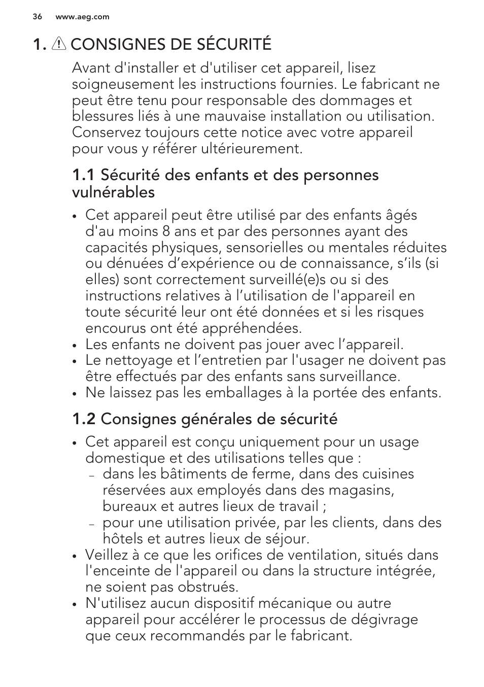 Consignes de sécurité, 2 consignes générales de sécurité | AEG S63300KDW0 User Manual | Page 36 / 72