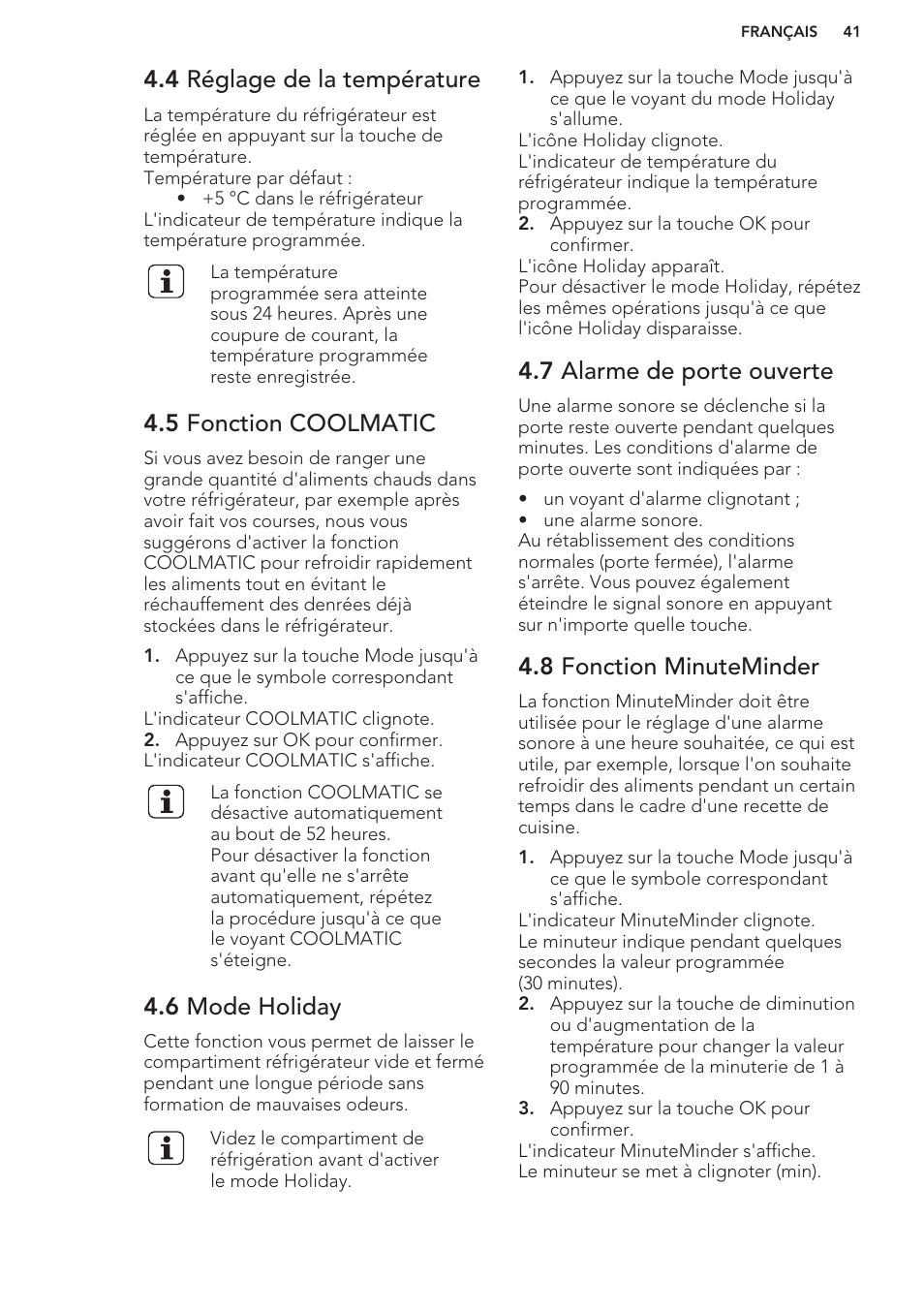 4 réglage de la température, 5 fonction coolmatic, 6 mode holiday | 7 alarme de porte ouverte, 8 fonction minuteminder | AEG S63300KDW0 User Manual | Page 41 / 72