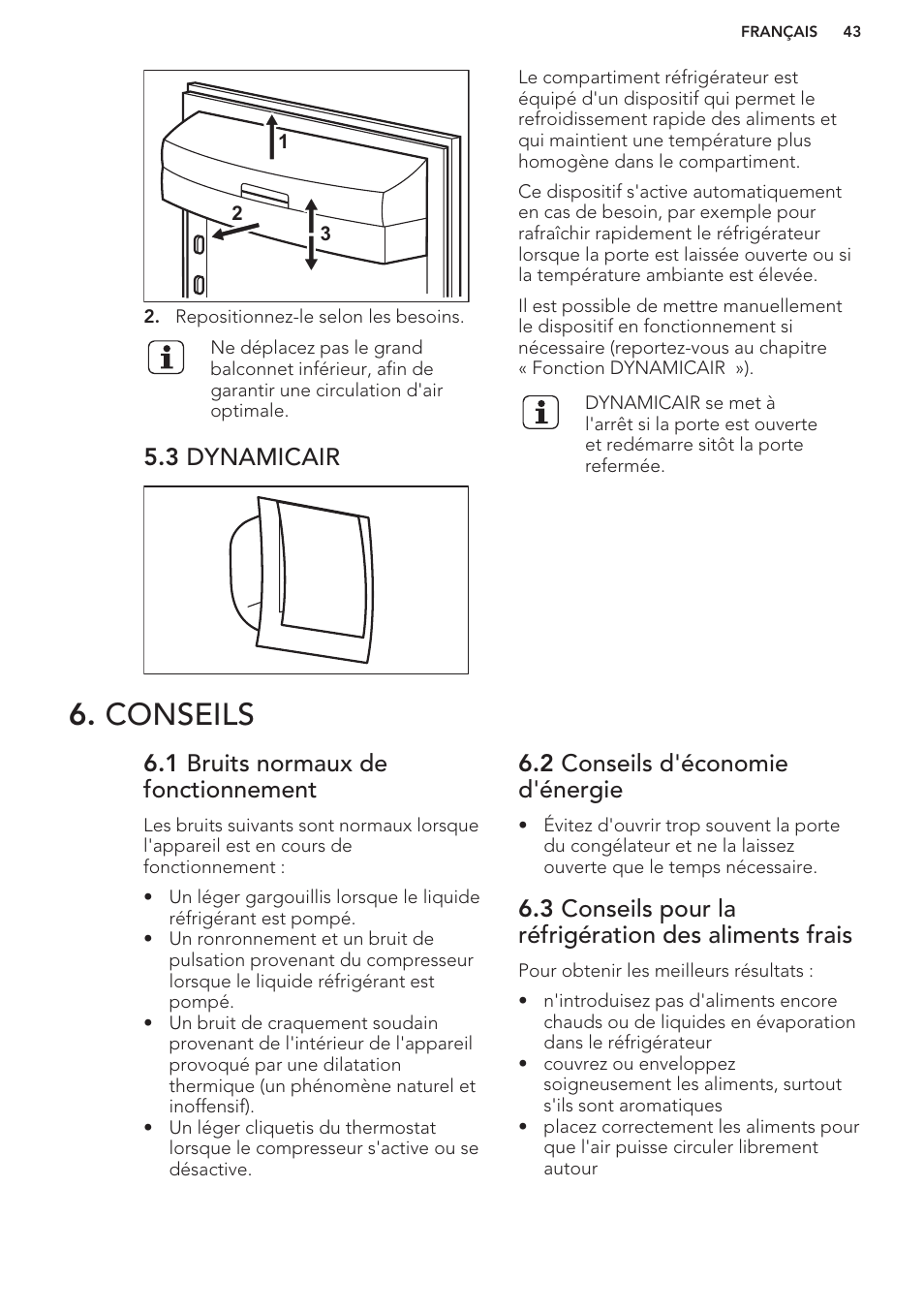 3 dynamicair, Conseils, 1 bruits normaux de fonctionnement | 2 conseils d'économie d'énergie | AEG S63300KDW0 User Manual | Page 43 / 72