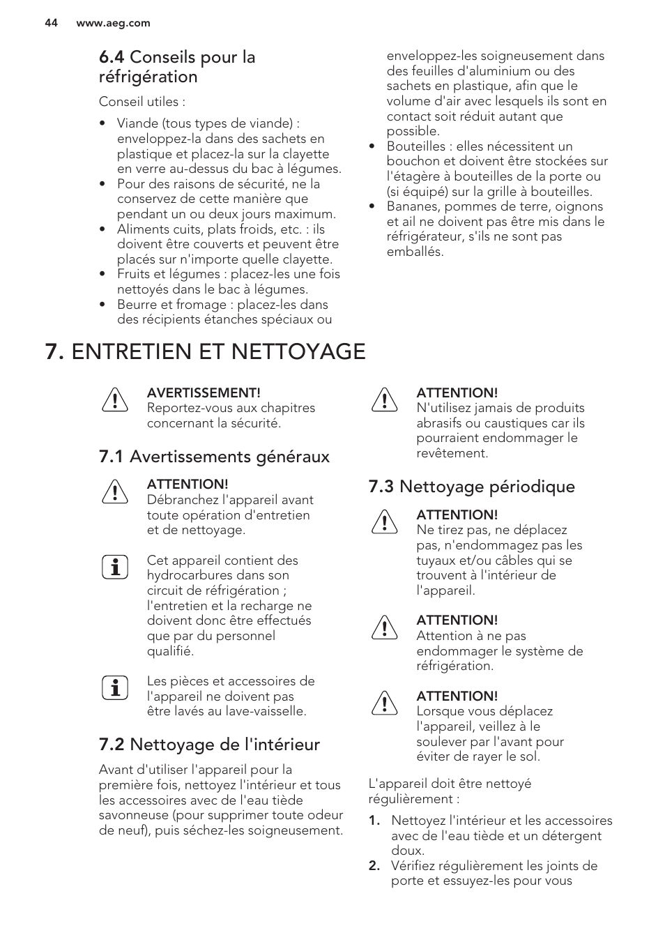 4 conseils pour la réfrigération, Entretien et nettoyage, 1 avertissements généraux | 2 nettoyage de l'intérieur, 3 nettoyage périodique | AEG S63300KDW0 User Manual | Page 44 / 72