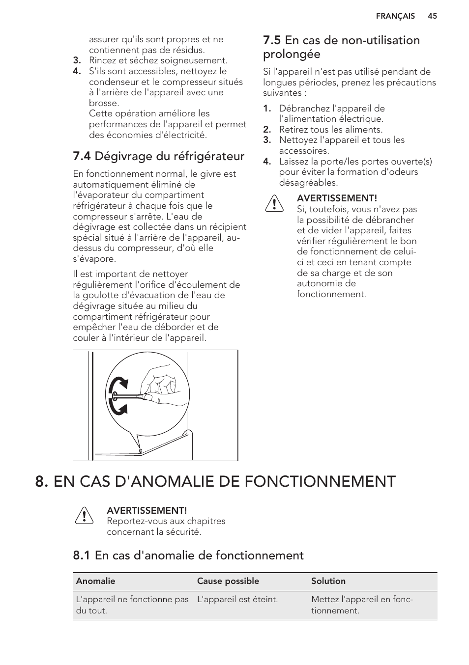 4 dégivrage du réfrigérateur, 5 en cas de non-utilisation prolongée, En cas d'anomalie de fonctionnement | 1 en cas d'anomalie de fonctionnement | AEG S63300KDW0 User Manual | Page 45 / 72