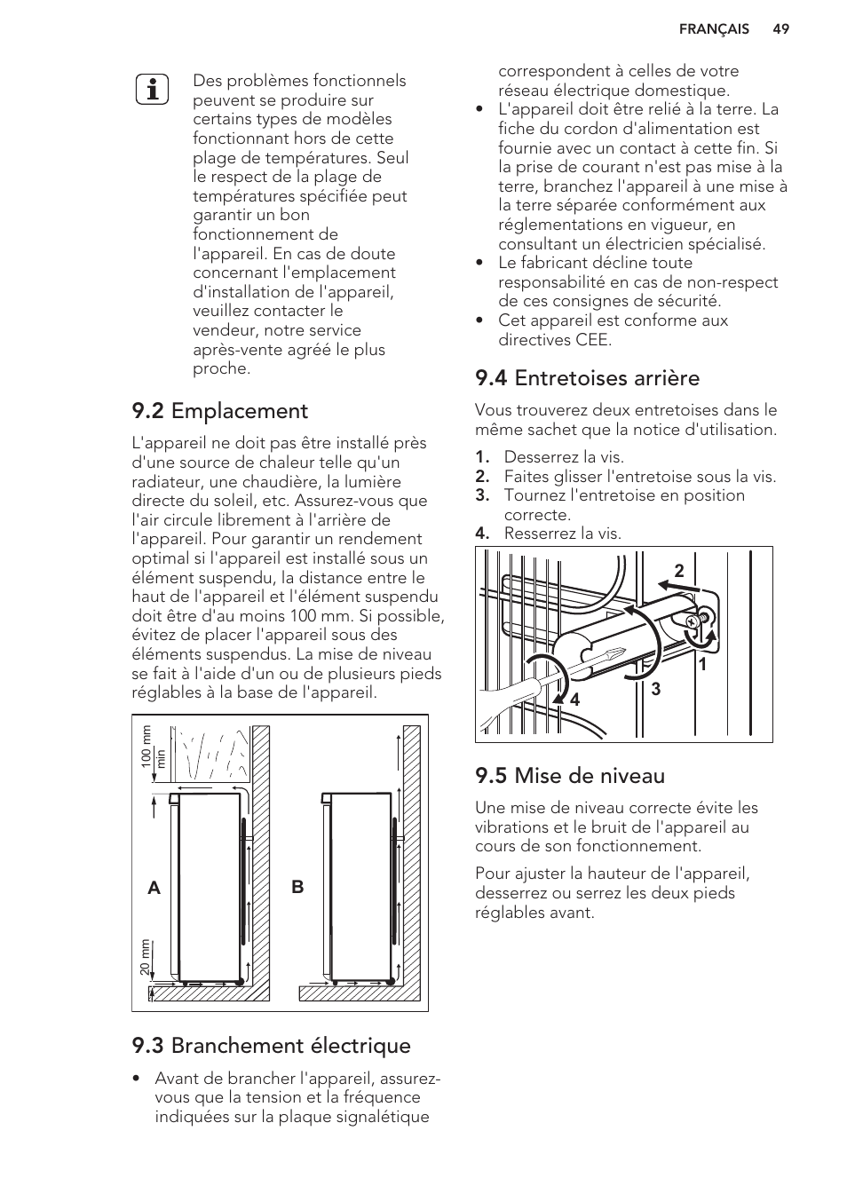 2 emplacement, 3 branchement électrique, 4 entretoises arrière | 5 mise de niveau | AEG S63300KDW0 User Manual | Page 49 / 72