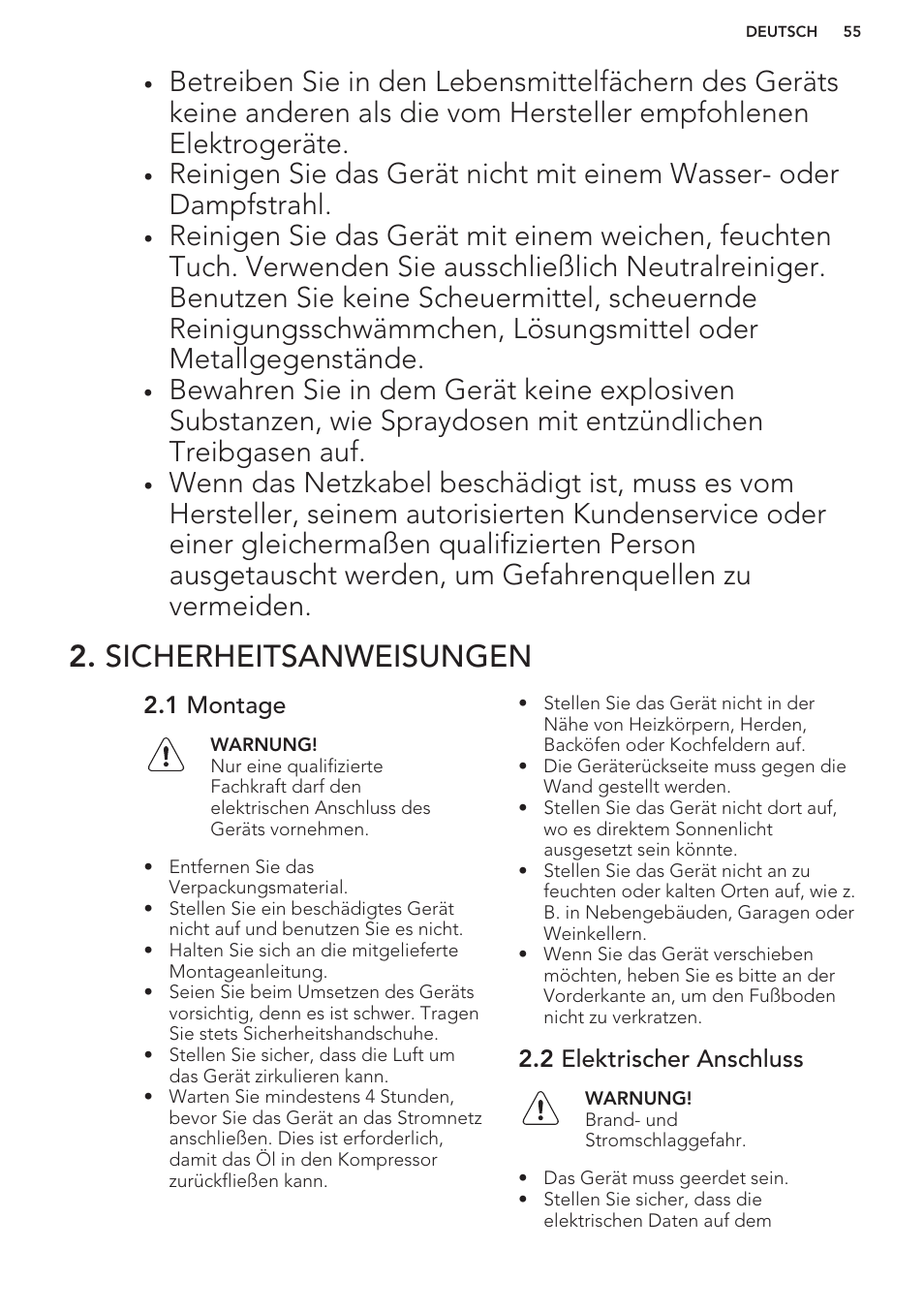 Sicherheitsanweisungen, 1 montage, 2 elektrischer anschluss | AEG S63300KDW0 User Manual | Page 55 / 72