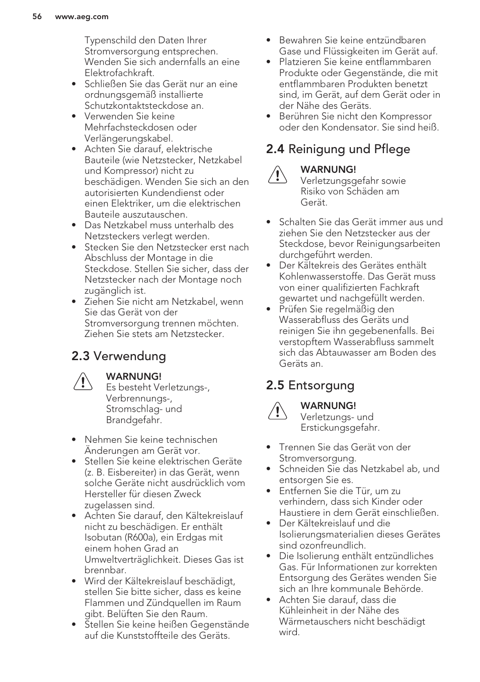 3 verwendung, 4 reinigung und pflege, 5 entsorgung | AEG S63300KDW0 User Manual | Page 56 / 72