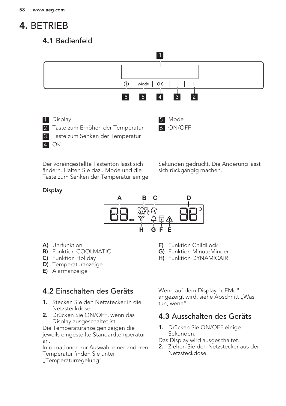 Betrieb, 1 bedienfeld, 2 einschalten des geräts | 3 ausschalten des geräts | AEG S63300KDW0 User Manual | Page 58 / 72