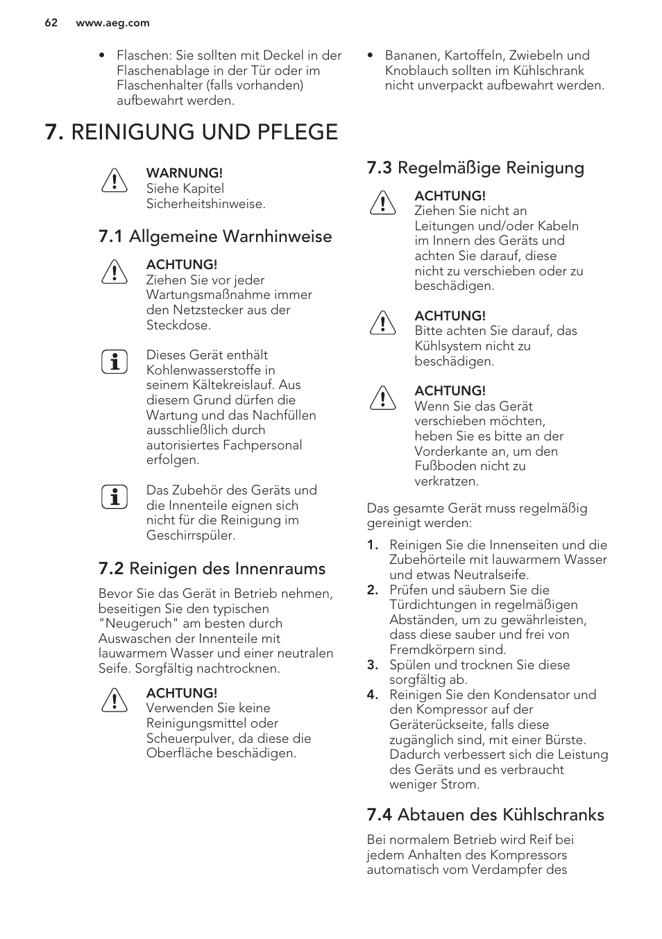 Reinigung und pflege, 1 allgemeine warnhinweise, 2 reinigen des innenraums | 3 regelmäßige reinigung, 4 abtauen des kühlschranks | AEG S63300KDW0 User Manual | Page 62 / 72