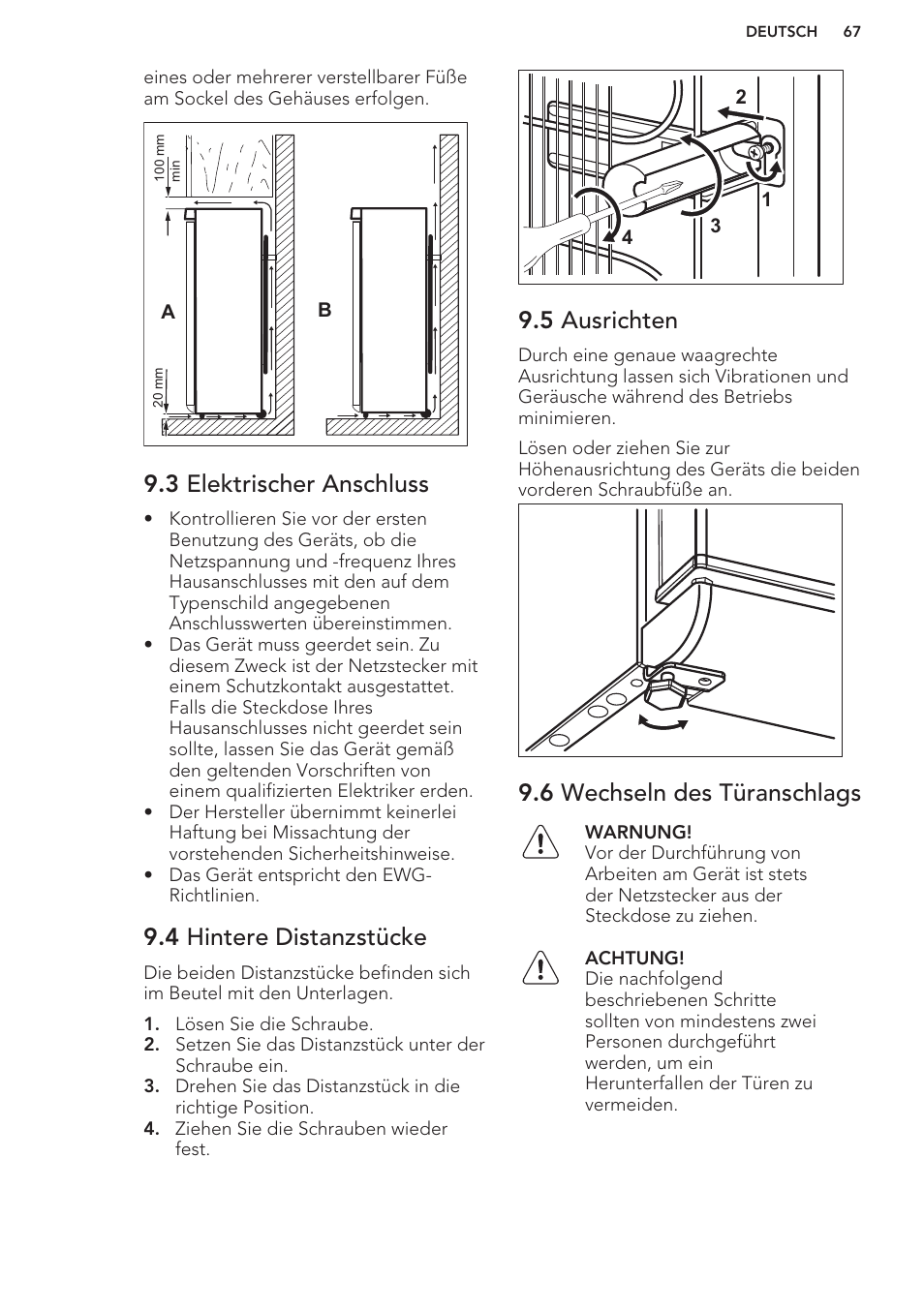 3 elektrischer anschluss, 4 hintere distanzstücke, 5 ausrichten | 6 wechseln des türanschlags | AEG S63300KDW0 User Manual | Page 67 / 72