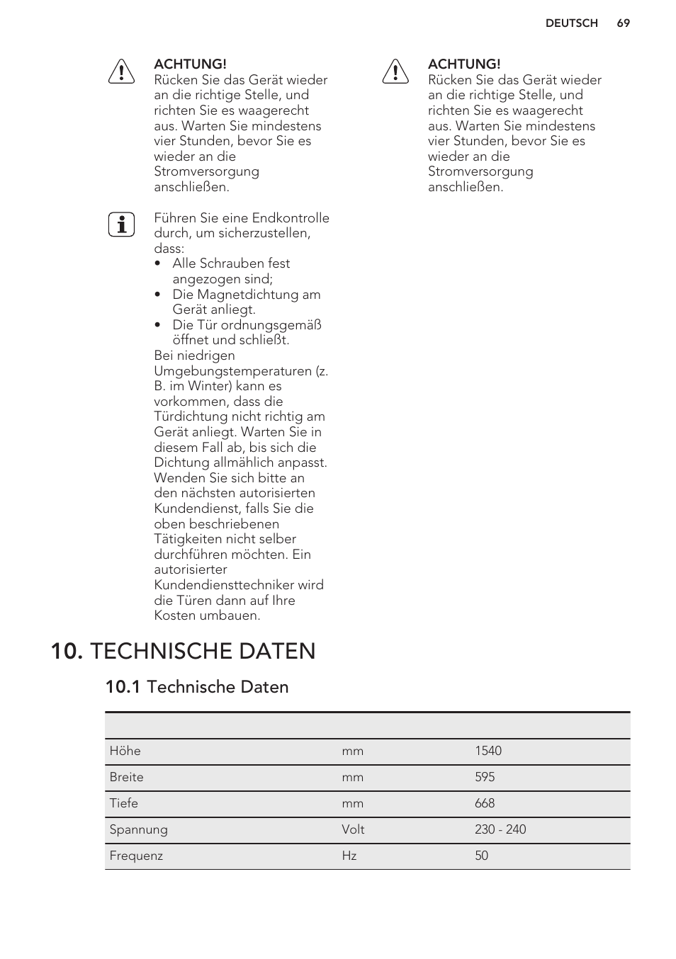 Technische daten, 1 technische daten | AEG S63300KDW0 User Manual | Page 69 / 72