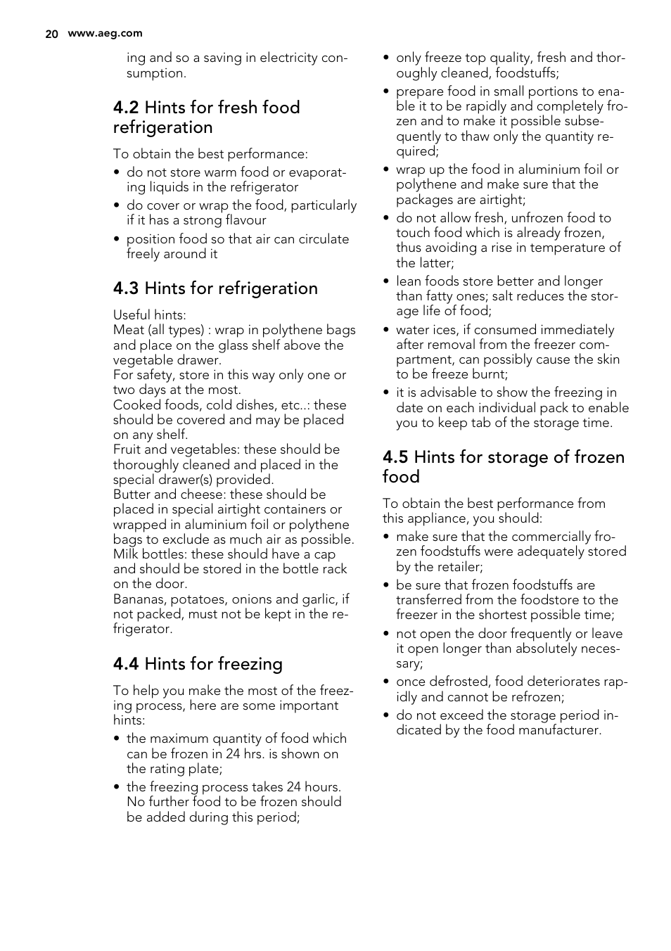 2 hints for fresh food refrigeration, 3 hints for refrigeration, 4 hints for freezing | 5 hints for storage of frozen food | AEG SKS51240F0 User Manual | Page 20 / 56