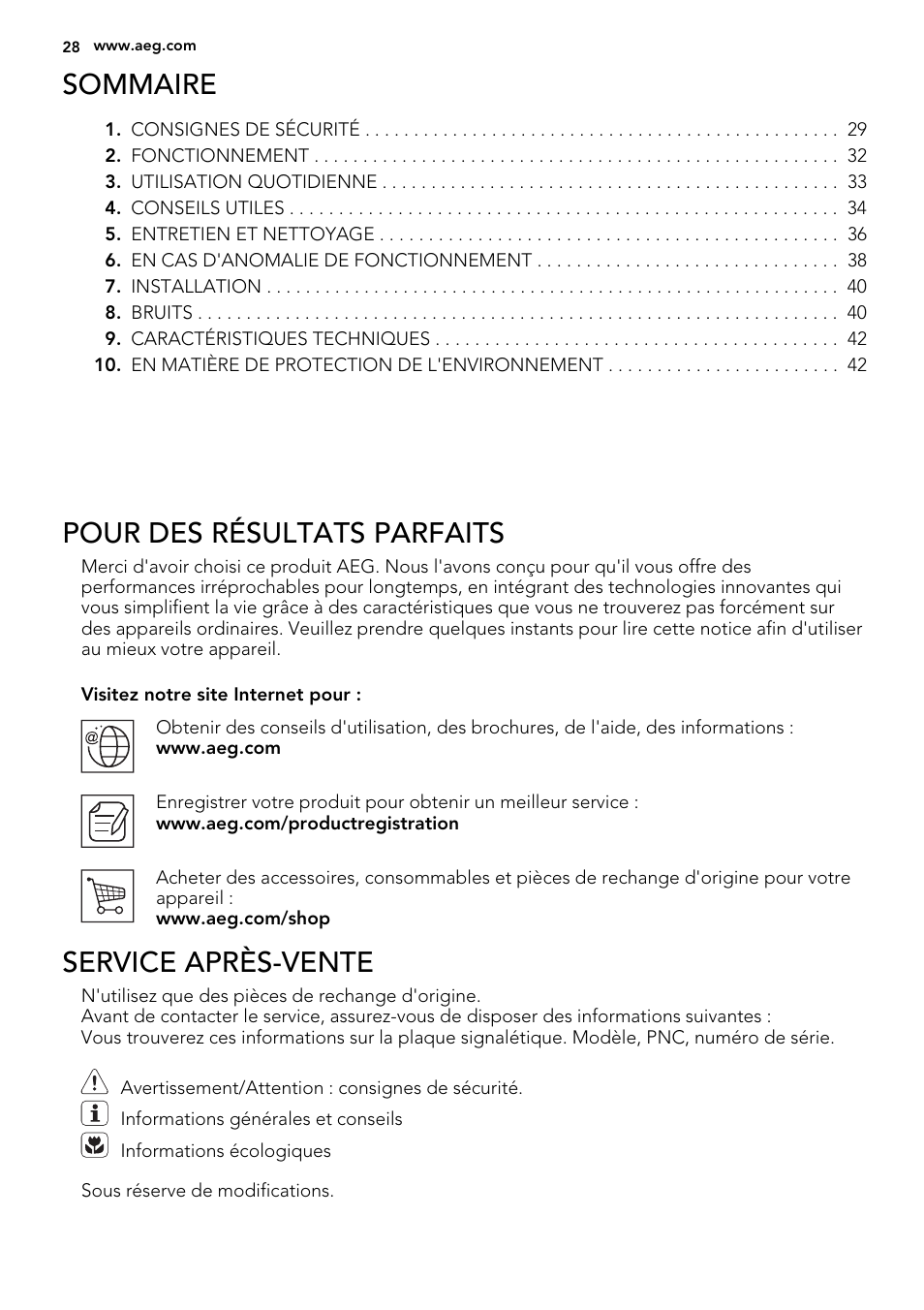 Sommaire, Pour des résultats parfaits, Service après-vente | AEG SKS51240F0 User Manual | Page 28 / 56