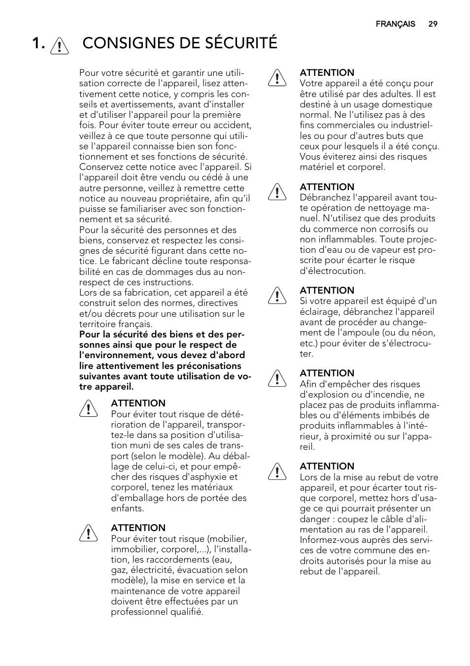 Consignes de sécurité | AEG SKS51240F0 User Manual | Page 29 / 56