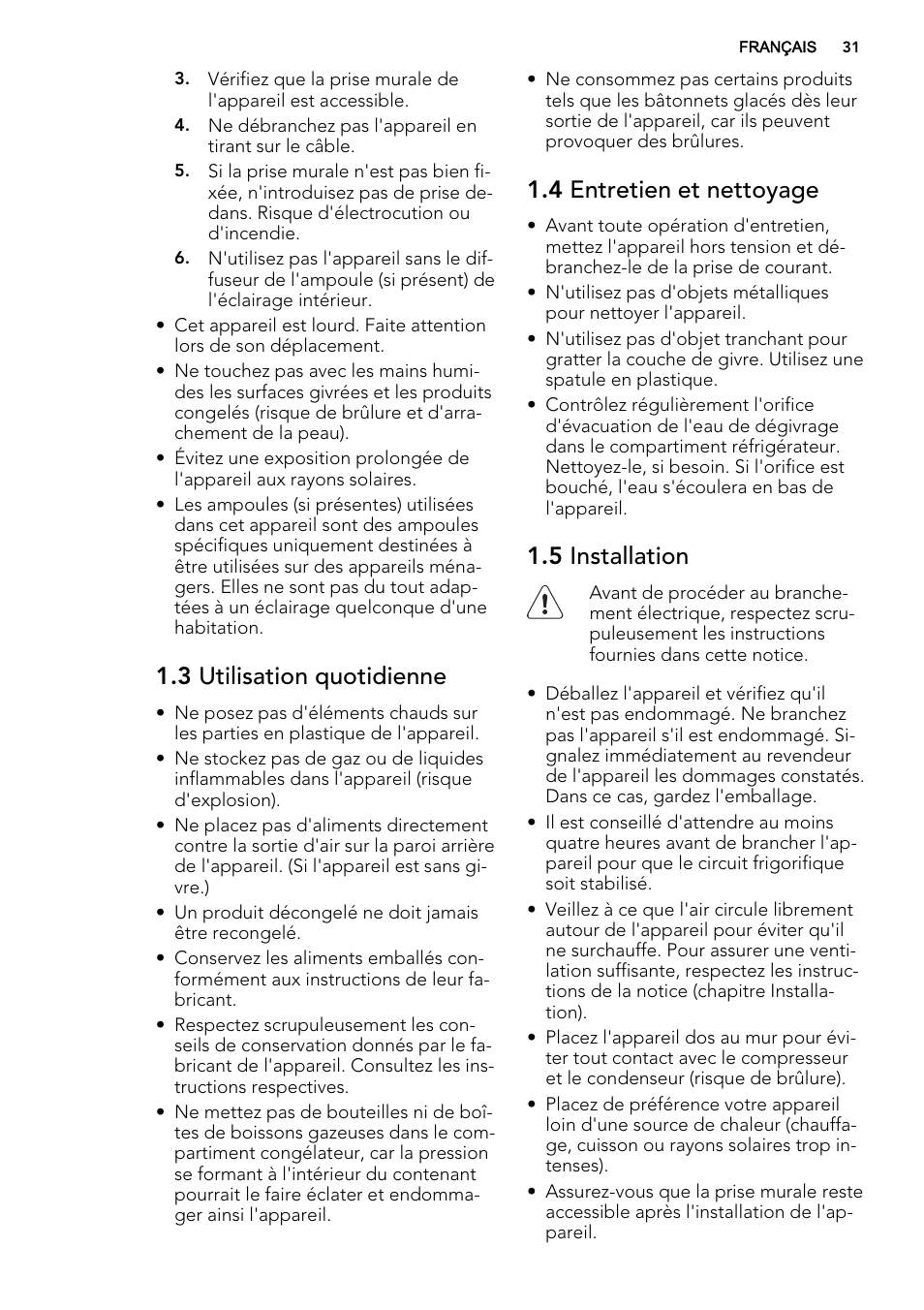 3 utilisation quotidienne, 4 entretien et nettoyage, 5 installation | AEG SKS51240F0 User Manual | Page 31 / 56