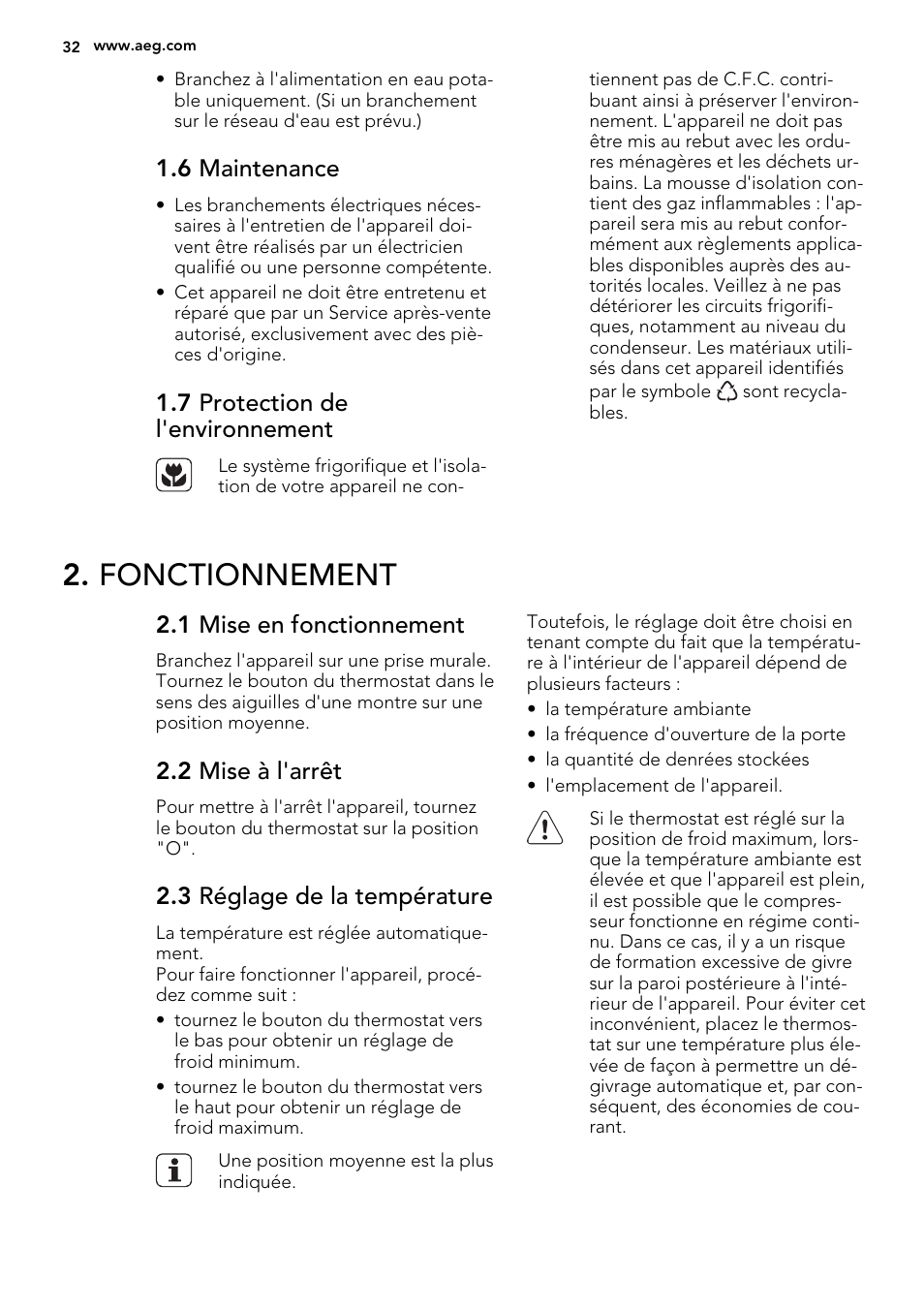 Fonctionnement, 6 maintenance, 7 protection de l'environnement | 1 mise en fonctionnement, 2 mise à l'arrêt, 3 réglage de la température | AEG SKS51240F0 User Manual | Page 32 / 56