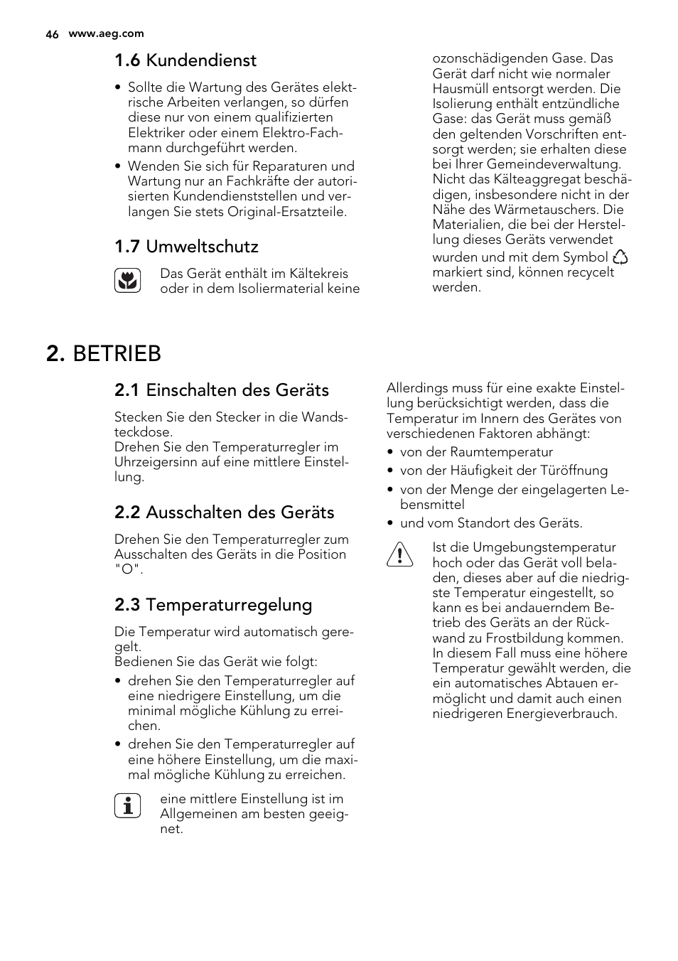 Betrieb, 6 kundendienst, 7 umweltschutz | 1 einschalten des geräts, 2 ausschalten des geräts, 3 temperaturregelung | AEG SKS51240F0 User Manual | Page 46 / 56